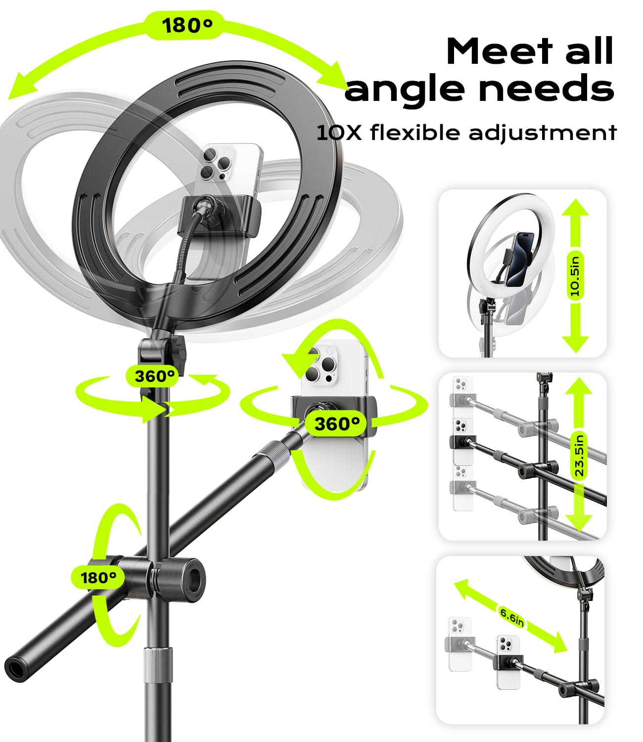 ATKTTOP Overhead Phone Mount, Overhead Camera Stand[Anti-Shaking] with 10.5" Ring Light, Desk Stand for iPhone with Ring Light for Video Recording, Zoom Meeting,YouTube,TikTok (Set 1)