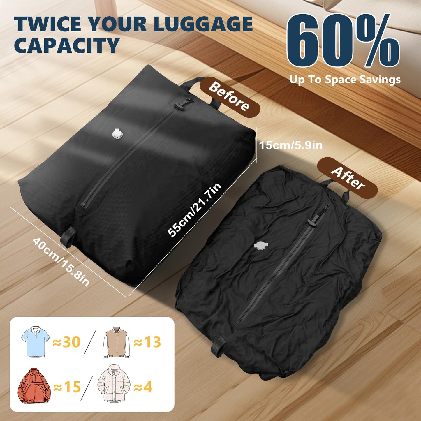 33L Professional Vacuum Bags for Travel with Wireless Vacuum Pump, Dobaly IP67 Reusable Vacuum Compression Bags for Suitcases and Backpack Space Saver Vacuum Bags Lightweight&Durable (1PC+Pump)