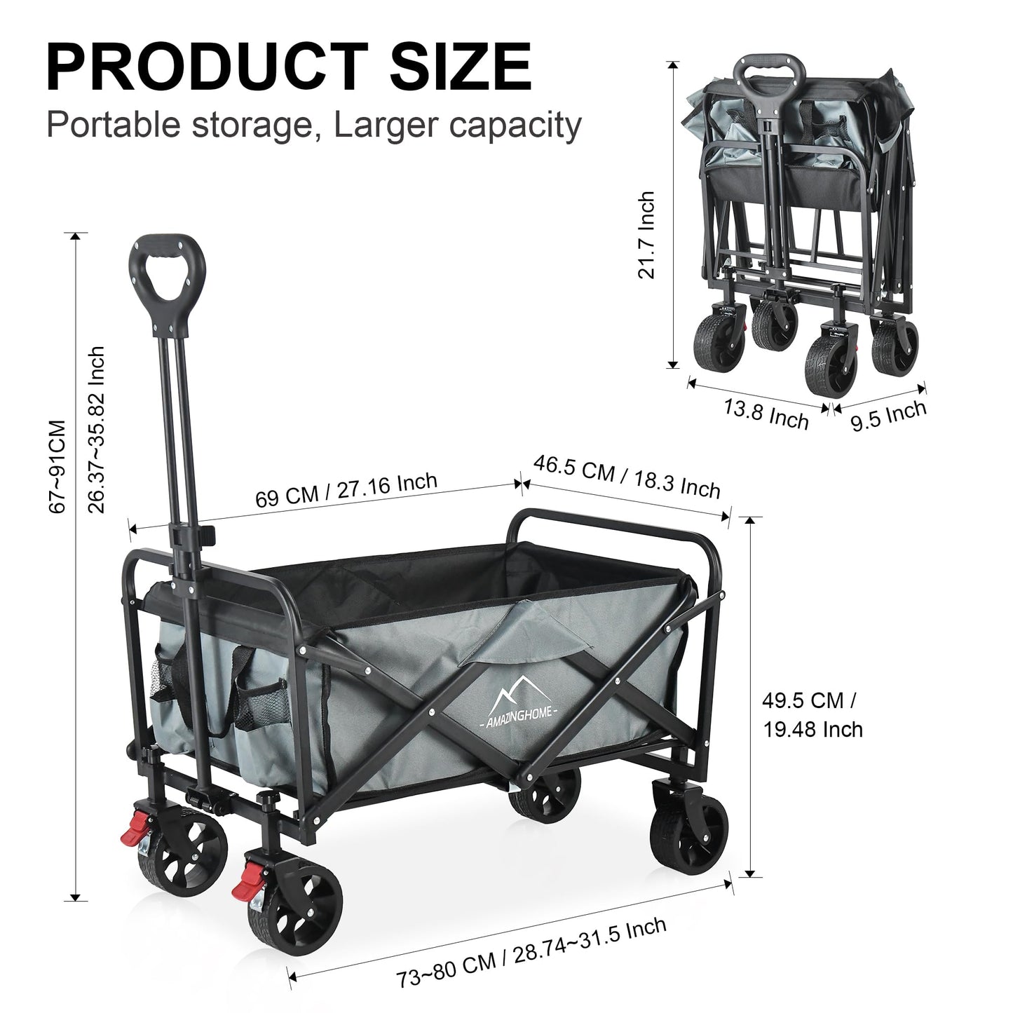 AMAZINGHOME Wagon Cart Foldable - 100KG Weight Capacity Folding Wagon with 5 Inch Silent Brake Universal Wheels, Adjustable Handle, Portable Garden Cart with Cup Holder for Camping, Picnic
