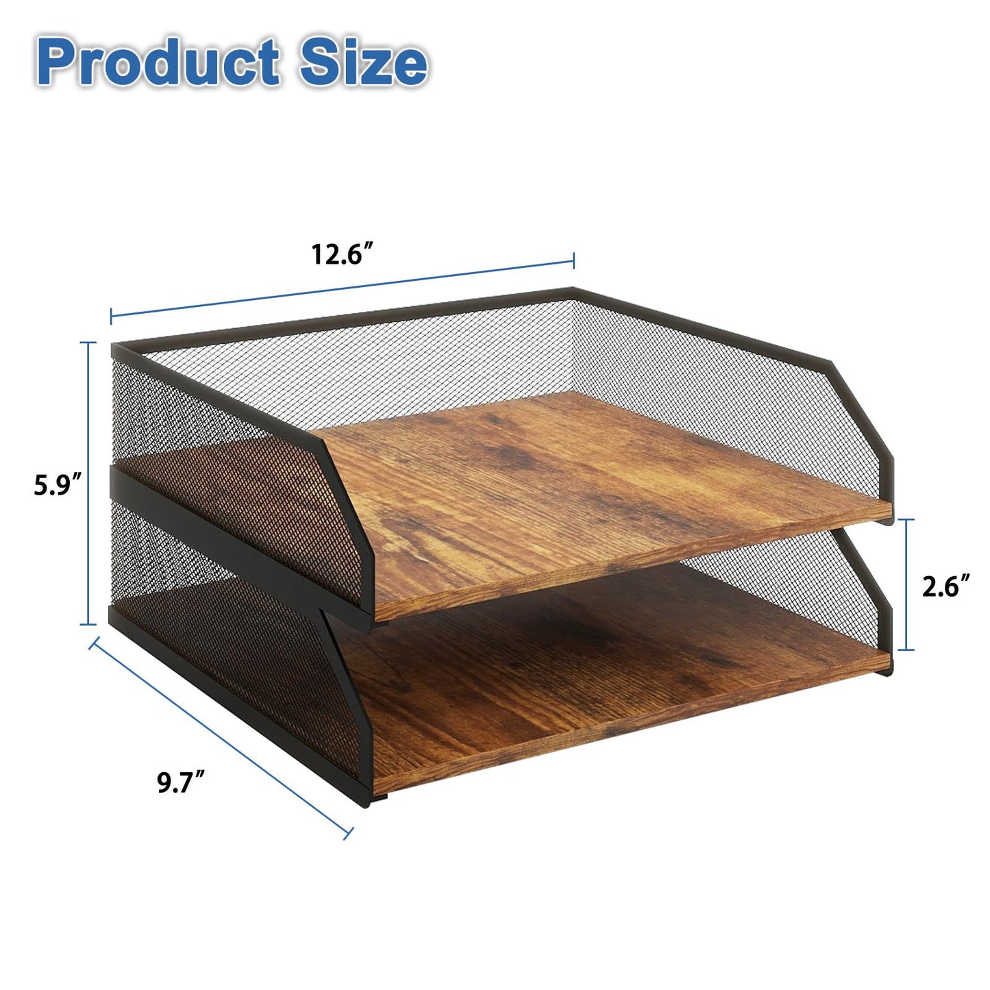 Natwind 2-Tier Wooden Stackable Paper Tray, Metal Mesh Desktop Organizer, Paper Sorter, Letter Trays,File Document Storage Rack for for Home, Office, School (Retro)