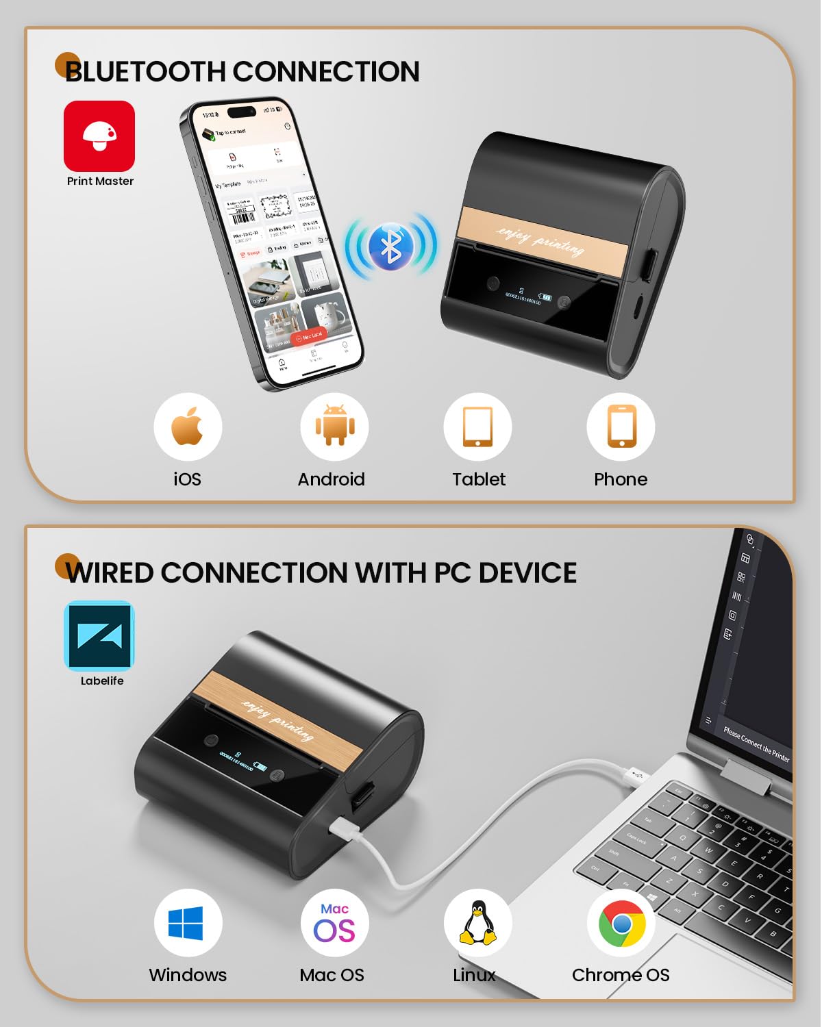 Barcode Label Printer 3 Inch - M260 Bluetooth Thermal Large Label Maker Machine, Portable Wireless & Inkless for Small Business, Home, Office - Waterproof Label, Compatible with iOS/Android/PC, Black