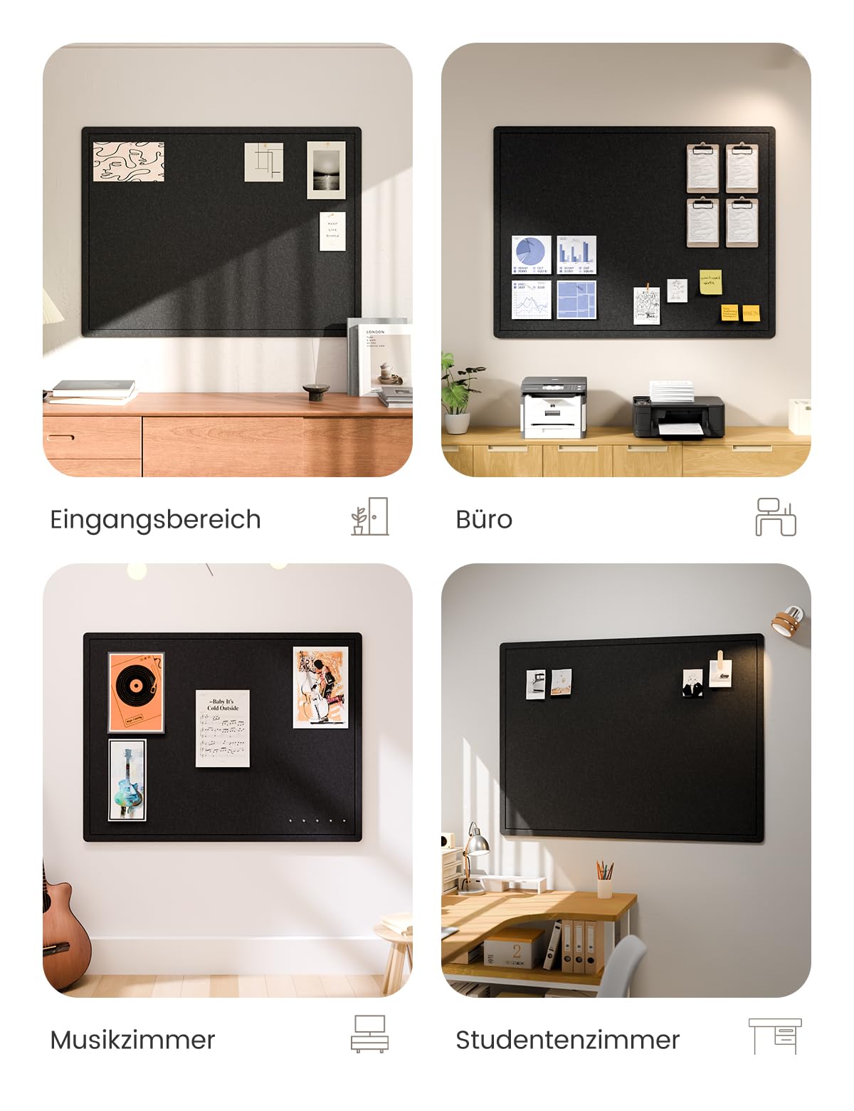 Fluxynara Large Bulletin Board, 47.2" x 35.4" Cork Board Alternative with 24 Safe Removable Adhesive Tabs, Foldable Felt Pin Board for Home Office, Classroom, Bedroom,Entryway for Walls— Black