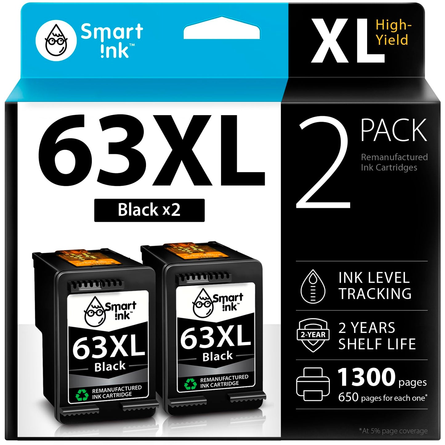 Smart Ink Remanufactured Ink Cartridges Replacement for HP 63 XL 63XL (2 Black Combo Pack) to use with Envy 4520 4522 4516 OfficeJet 3833 3830 4650 3836 5255 5200 DeskJet 3630 3632 3836 3634 Printer
