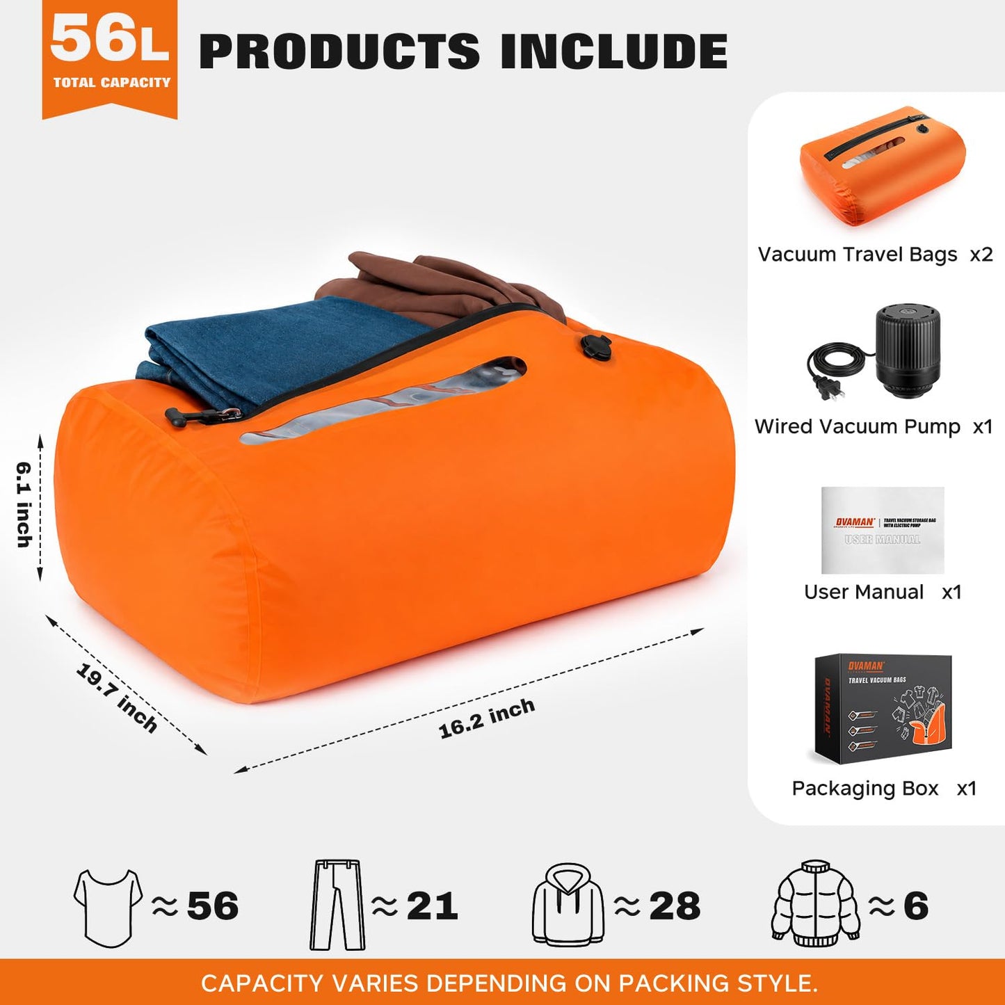 Vacuum Bags for Travel with Pump, Reusable Vacuum Compression Bags, IP68 Waterproof Space Saver Storage Bags for Clothes, Backpack, Luggage & Suitcase, Lightweight Travel Organizer