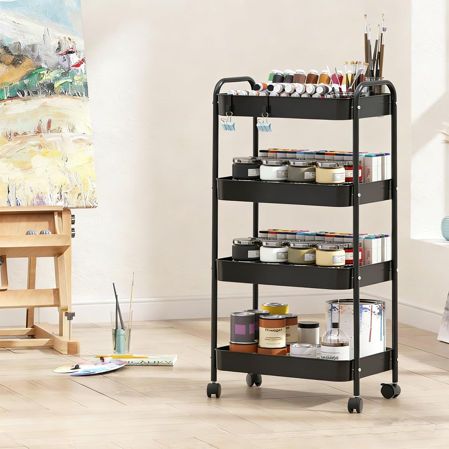 Metal Rolling Cart with Wheels, Utility Storage Cart with Handle and Lockable Casters, Storage Basket Organizer Shelves, Easy Assemble for Kitchen, Living Room, Office, Nursery (Black-4Tiers)