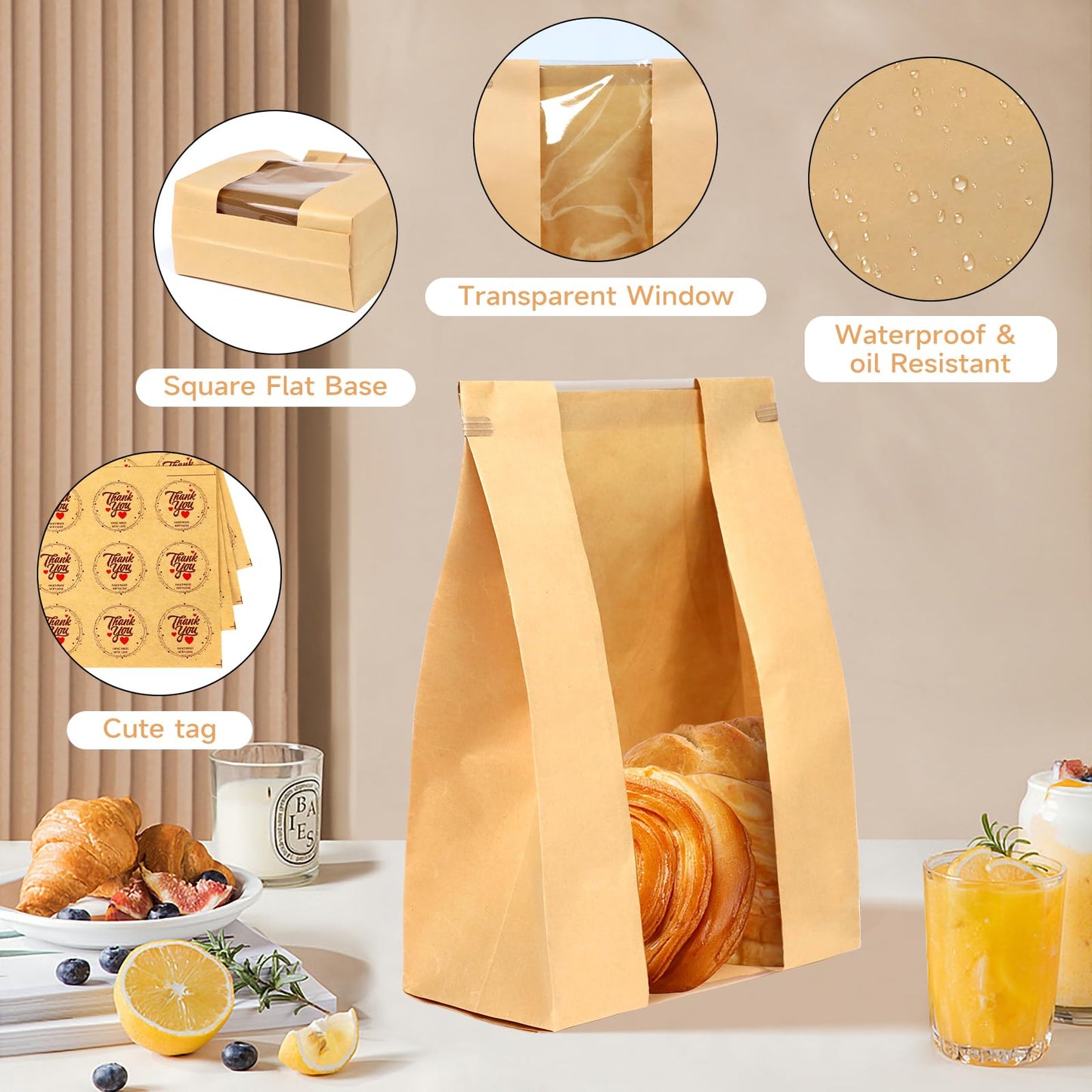 Qeedee 100 Pcs Paper Bread Bags for Homemade Bread Gift Giving, Sourdough Bread Bags with Tin Tie Tab, Kraft Toast Bags with Clear Window and Seal Stickers for Bakery, Treat Packaging, Home Kitchen