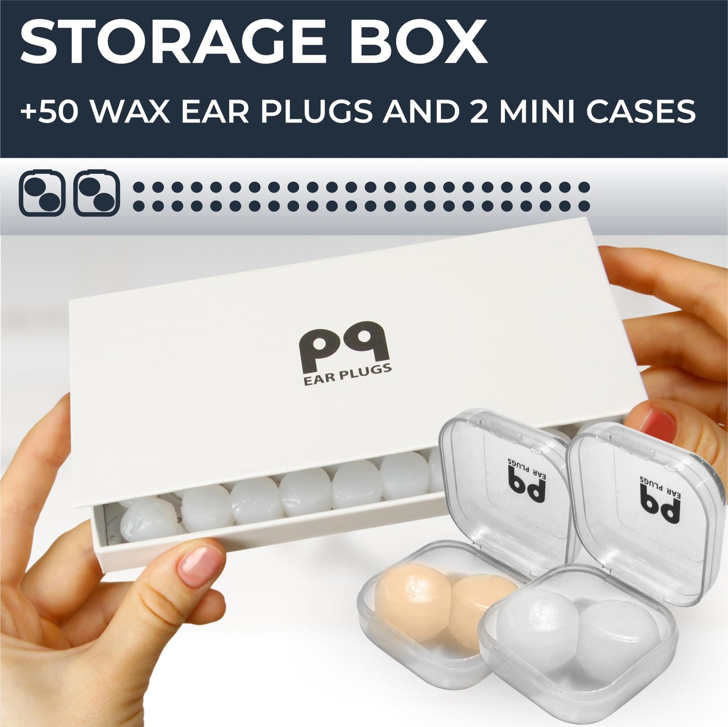 Peace&Quiet | PQ Wax Ear Plugs for Sleeping and Swimming - 50 Soft Silicone Wax Earplugs for Noise Cancelling, Ear Protection, and Sound Blocking Level of 32 dB (50 Pillows) (White Color 50, 50 White Count + 2 Mini Cases)
