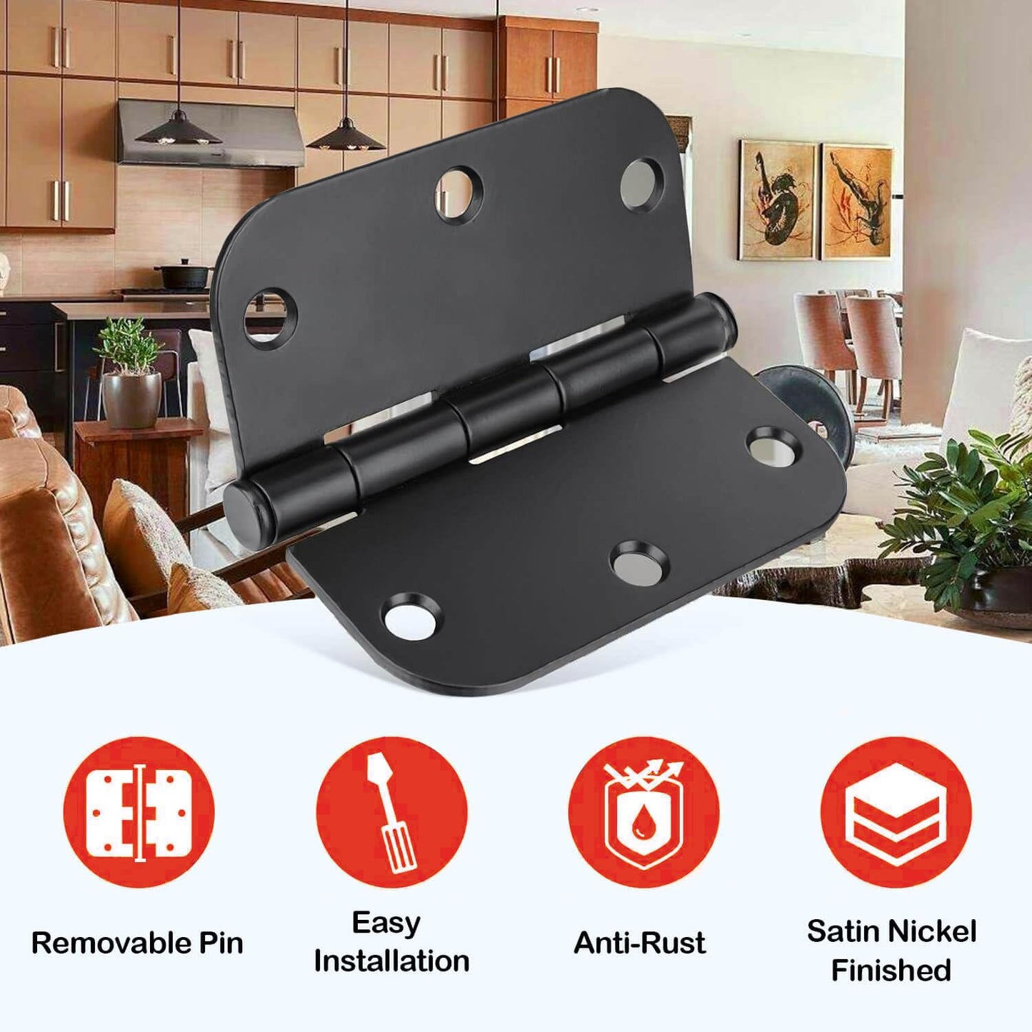 Door Hinges for 3.5 Inch Interior Matte Black Hinges for Rounded 5/8 Radius Bedroom Office Hallway Indoor/Interal Door Hardware Black Door Hinges 18 Pack