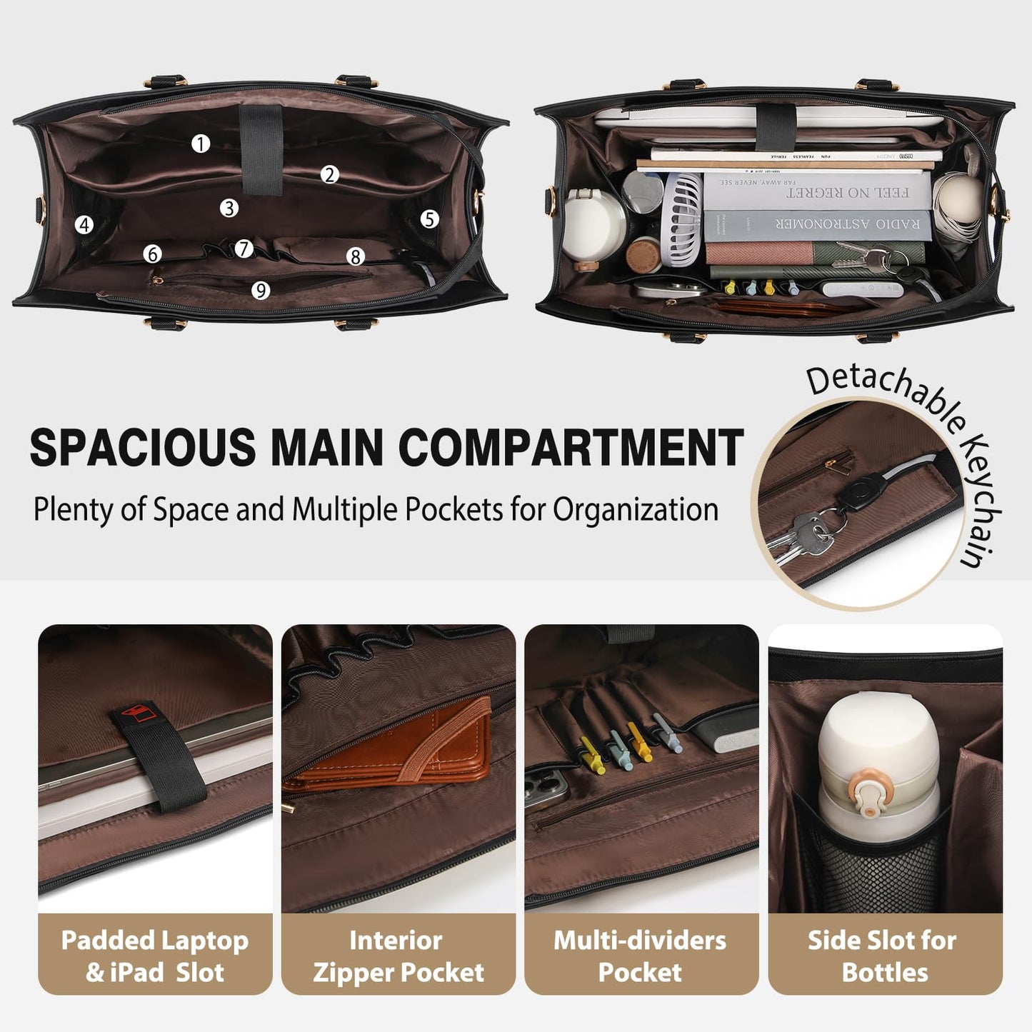 RAINSMORE Laptop Bag for Women 15.6 Inch Work Tote Bag for Women with Detachable Strap & Bow Leather Professional Laptop Tote with Cup Holder, Office Business Briefcase Large Handbag，All Black