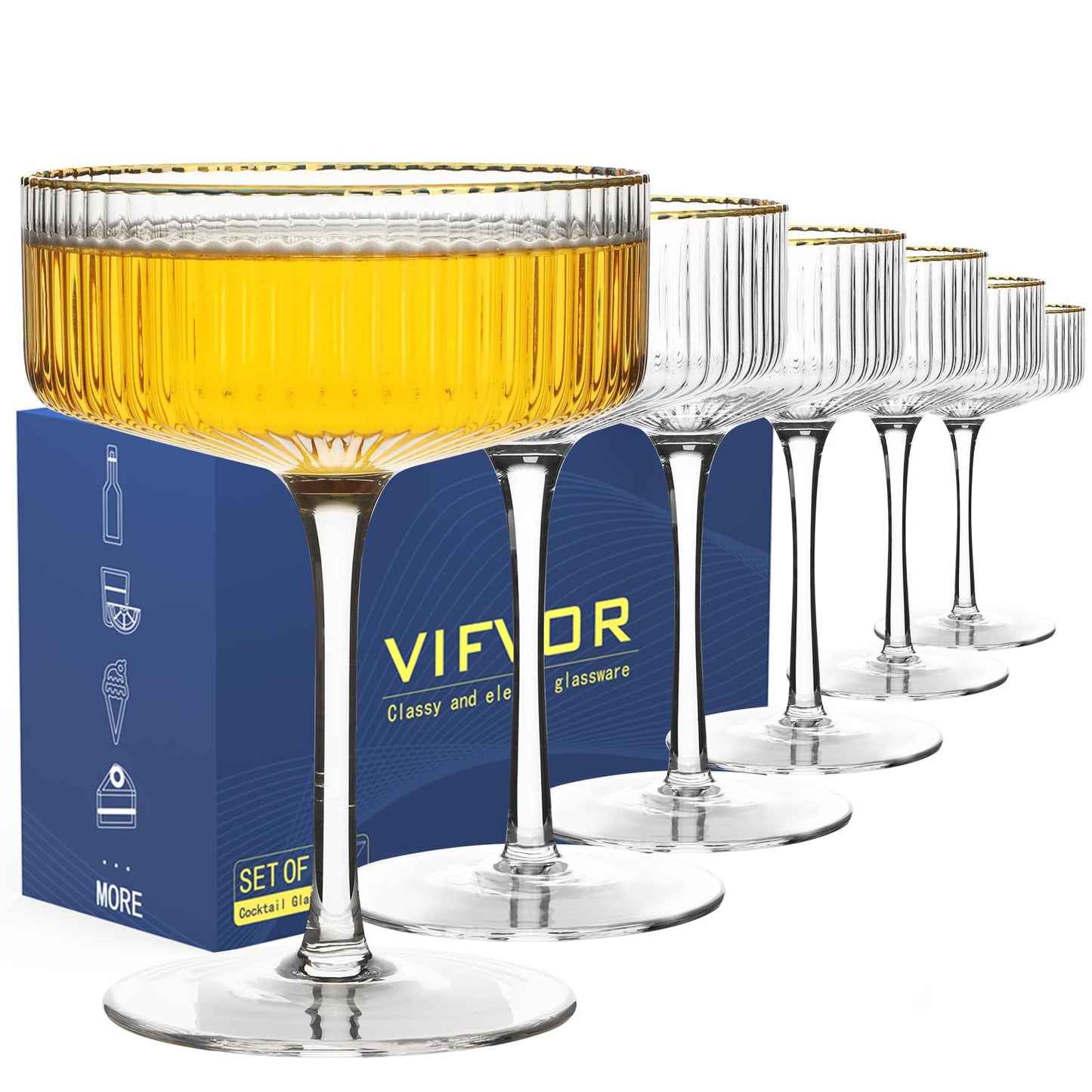 Coupe Glasses Set of 6, Cocktail Glasses 10 oz Classic Old Styling Martini Glass Set with Gift Box Packaging Elegant Hand Blown Martini Glasses for Cocktail, Champagne, Bar and Gift