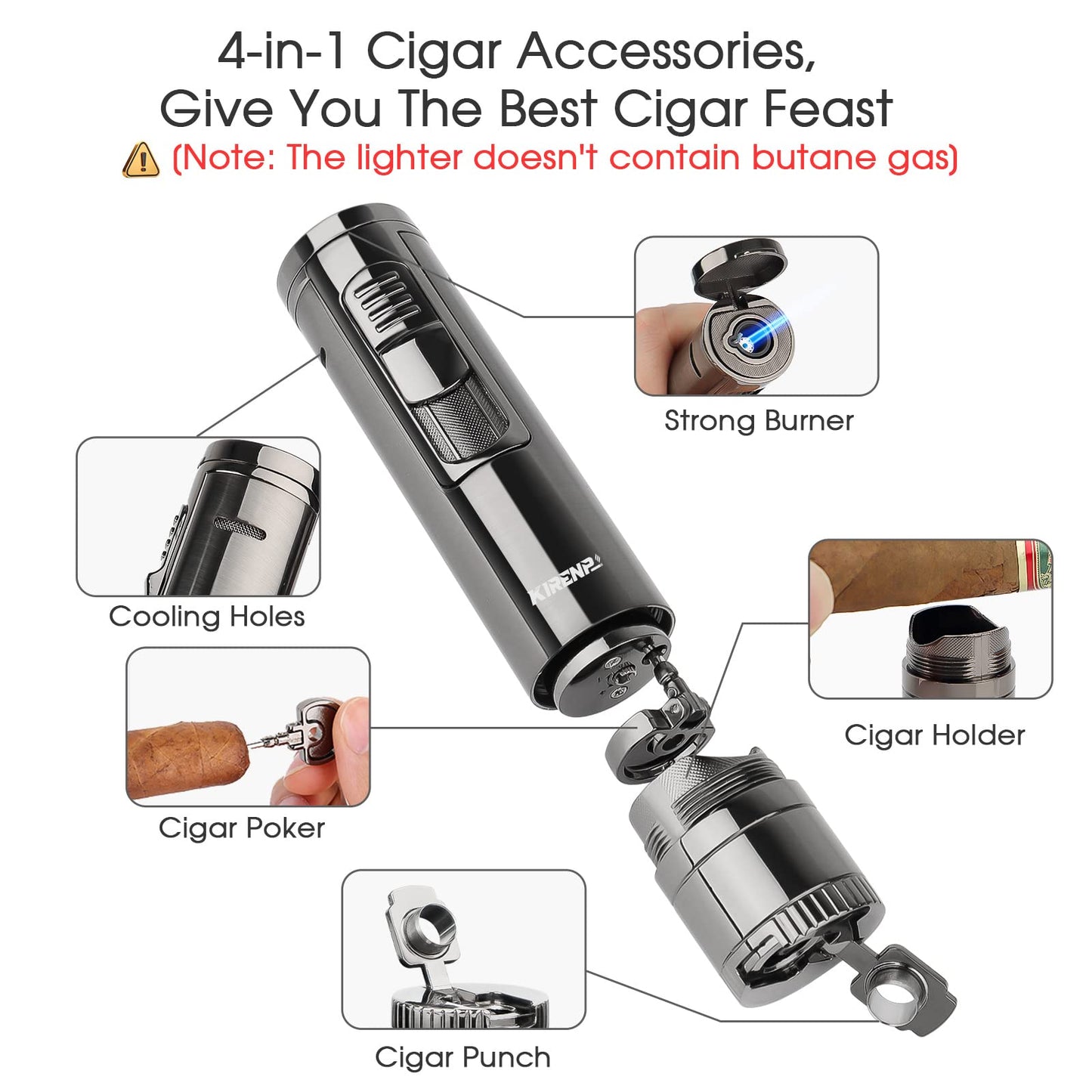 4-in-1 Torch Cigar Lighter with Jet Flame, Cigar Punch, Cigar Holder, Cigar Draw Enhancer, All-in-one Cigar Accessories, Luxury Gift for Men, Refillable Butane Cool Lighters for Smoking, Candle