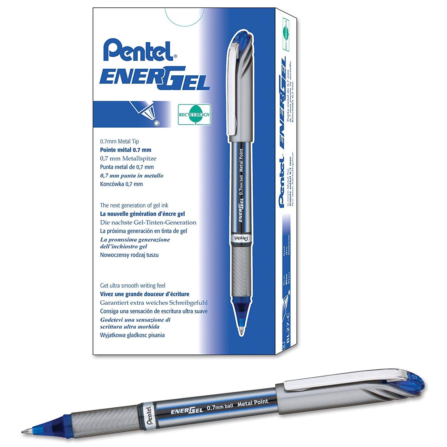 Pentel EnerGel NV Liquid Gel Pen, 0.7mm, Medium Line Capped, Metal Tip, Blue Ink, Box of 12 (BL27-C)