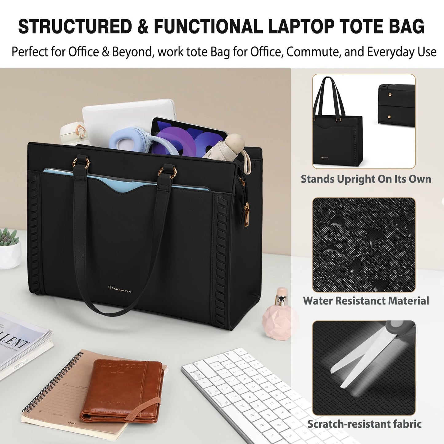 RAINSMORE Laptop Bag for Women 15.6 Inch Work Tote Bag for Women with Detachable Strap & Bow Leather Professional Laptop Tote with Cup Holder, Office Business Briefcase Large Handbag，All Black