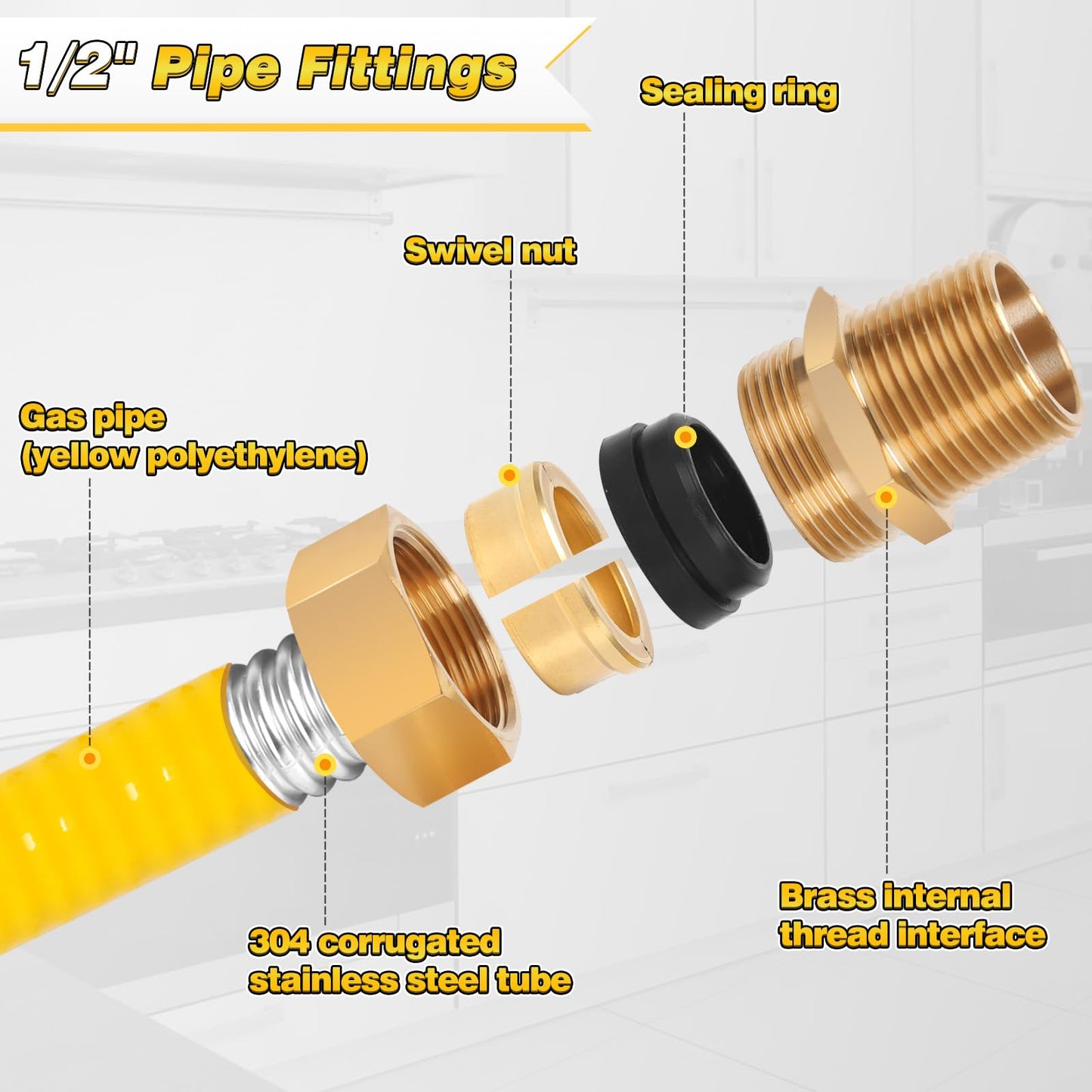 Jasdego 33ft 1/2'' Gas Line CSST Flexible Stainless Steel Tubing Pipe Anti-Cracking Used for Natural Gas Propane Equipment with 2 Male Fittings (33ft 1/2'')