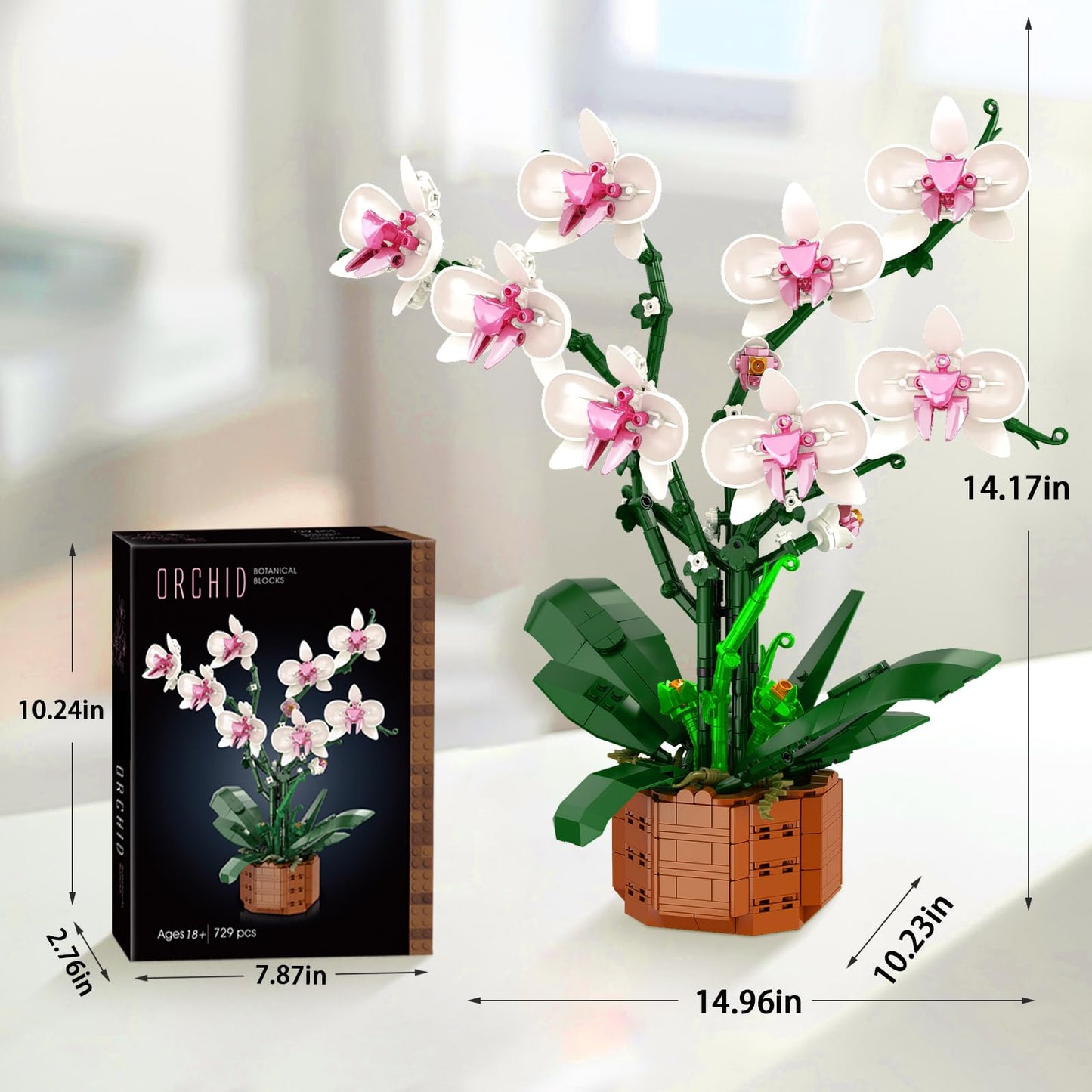 Bilinott Flower Building Blocks Set, 729 PCS Orchid Toy Building Sets with LED Light, Artificial Plant Building Blocks Kit for Ages 6+ Kids and Adults, Best Gift Idea for Building Blocks Enthusiasts