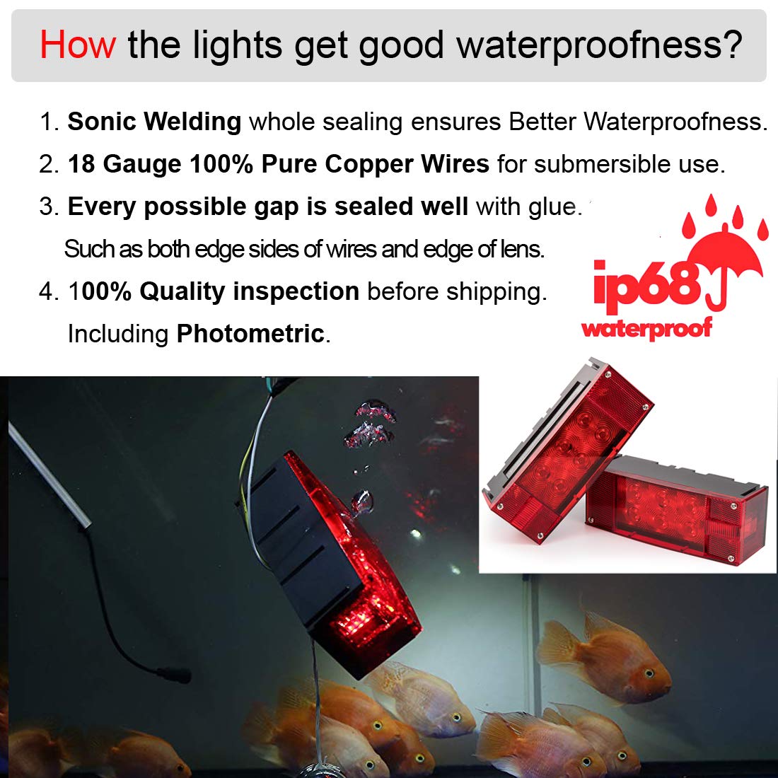CZC AUTO 12V LED Low Profile Submersible Rectangular Trailer Light Kit Tail Stop Turn Running Lights for Boat Trailer Truck