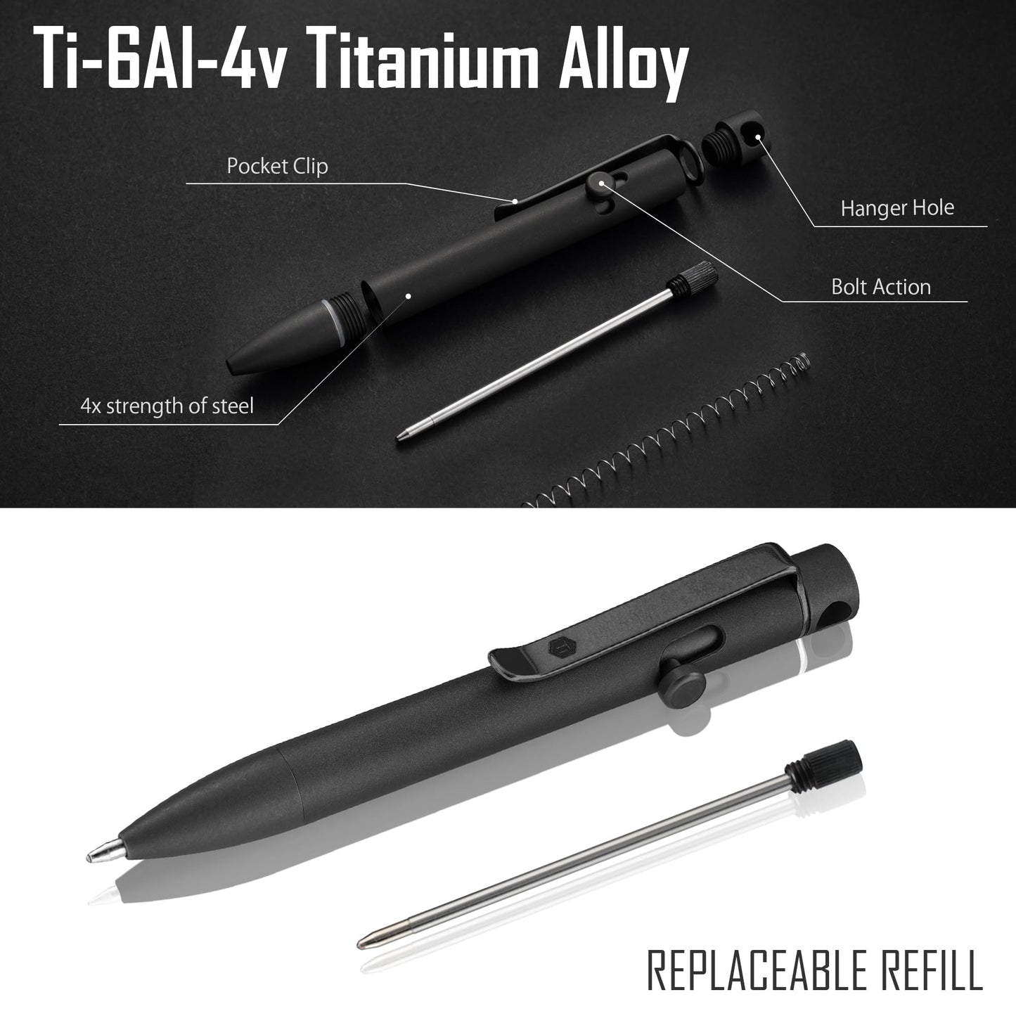 KeyUnity KP04BK Bolt Action EDC Pen with Clip, Titanium Pocket Ballpoint Pen for Everyday Carry (Black)