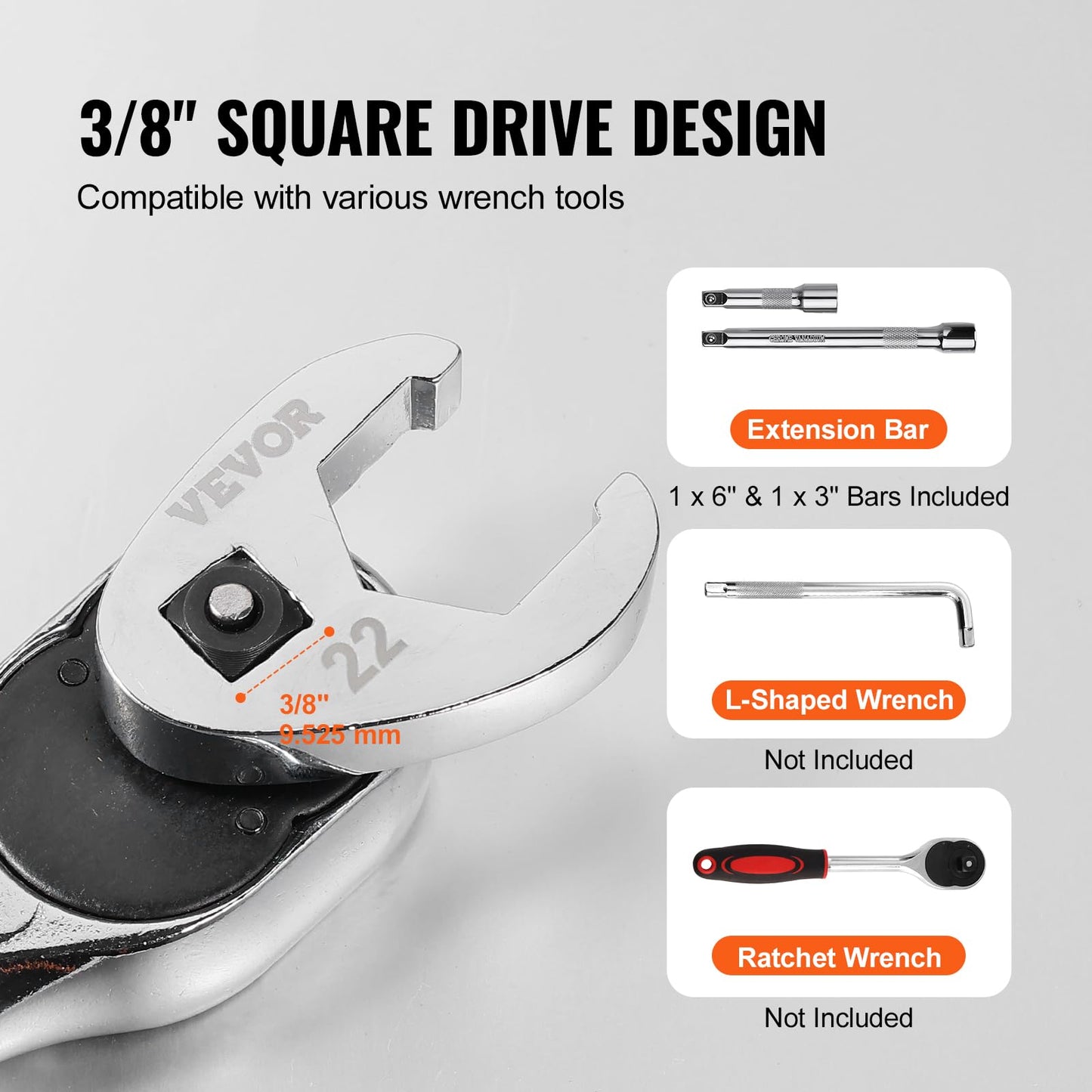VEVOR 3/8" Drive Crowfoot Wrench Set with 2 Extension Bars, 24-Piece Crows Foot Wrench Set, SAE 3/8"-1" and Metric 10-22 mm, CR-MO Steel Crowfoot Wrench Set, with EVA Tool Organizer