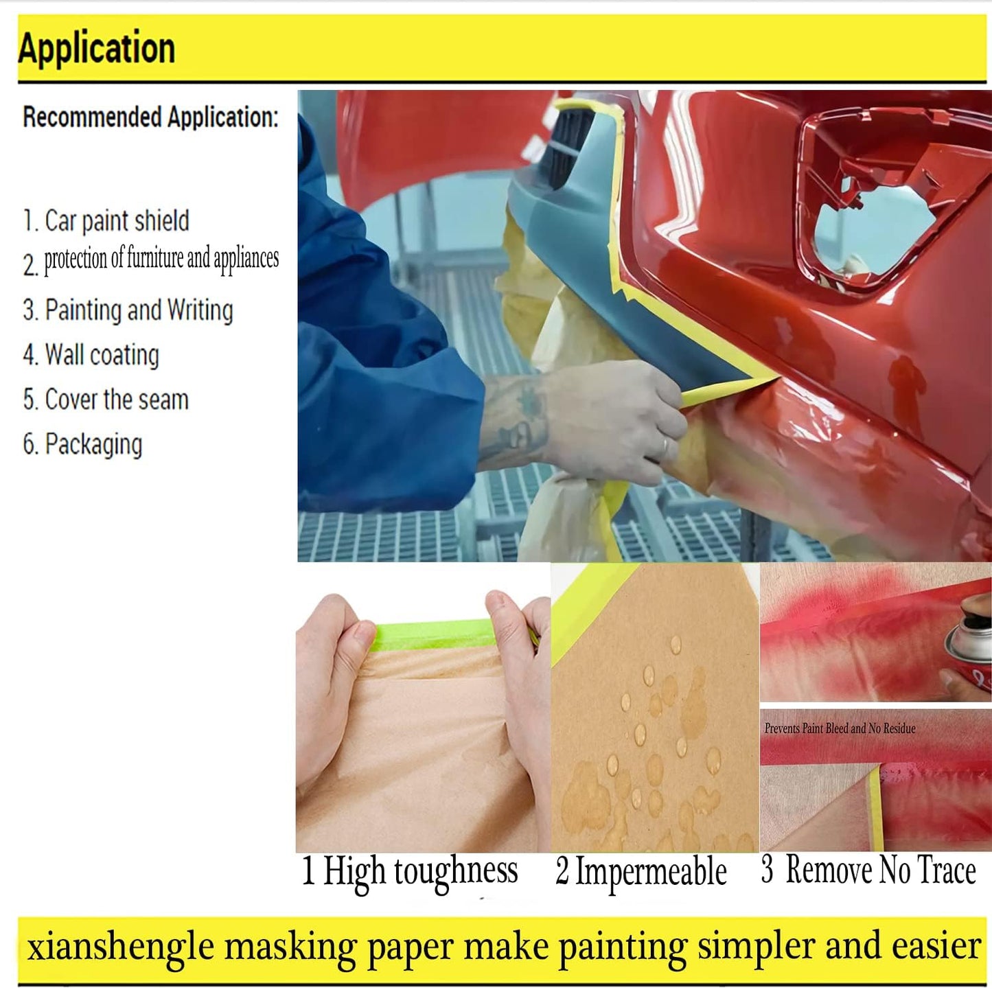 Pre-Taped Masking Paper for Painting - 24 inch x 50 feet Tape and Drape Painters Paper, Paint Adhesive Protective Paper Roll for Covering Skirting, Frames, Cars and Auto Body (4)