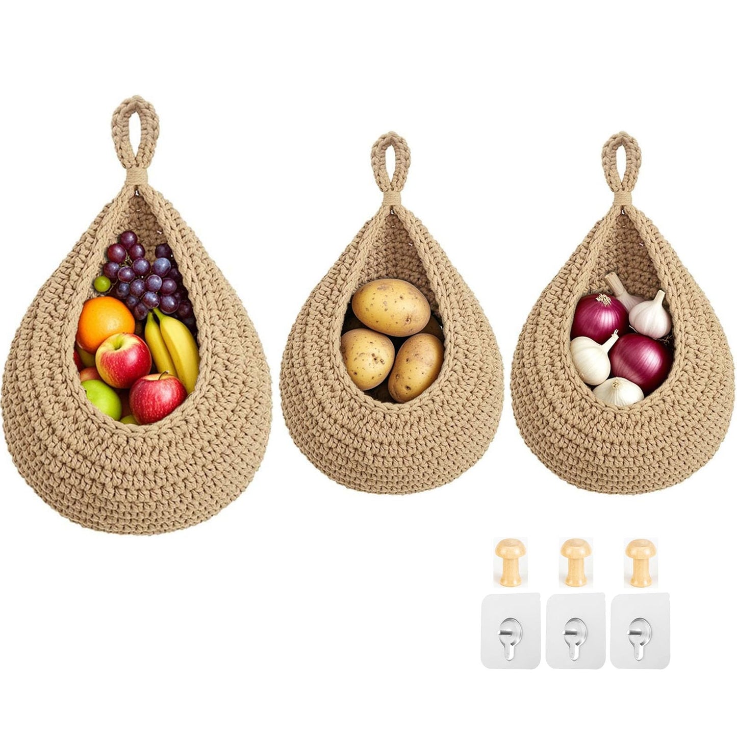 Halidali Hanging Fruit Baskets for Kitchen, 3 Pack Boho Cotton Rope Handwoven Vegetable Storage Wall Mounted Large Organizing Basket for Farmhouse Decor, Onion, Potato, Garlic and Plants
