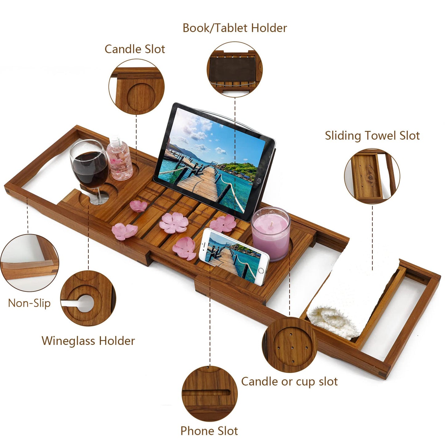 Utoplike Teak Bathtub Caddy Tray Bath Tray for Tub, Unique Bathtub Organizer with Book Tablet Wine Glass Cup Towel Holder, Adjustable, for Your Loved