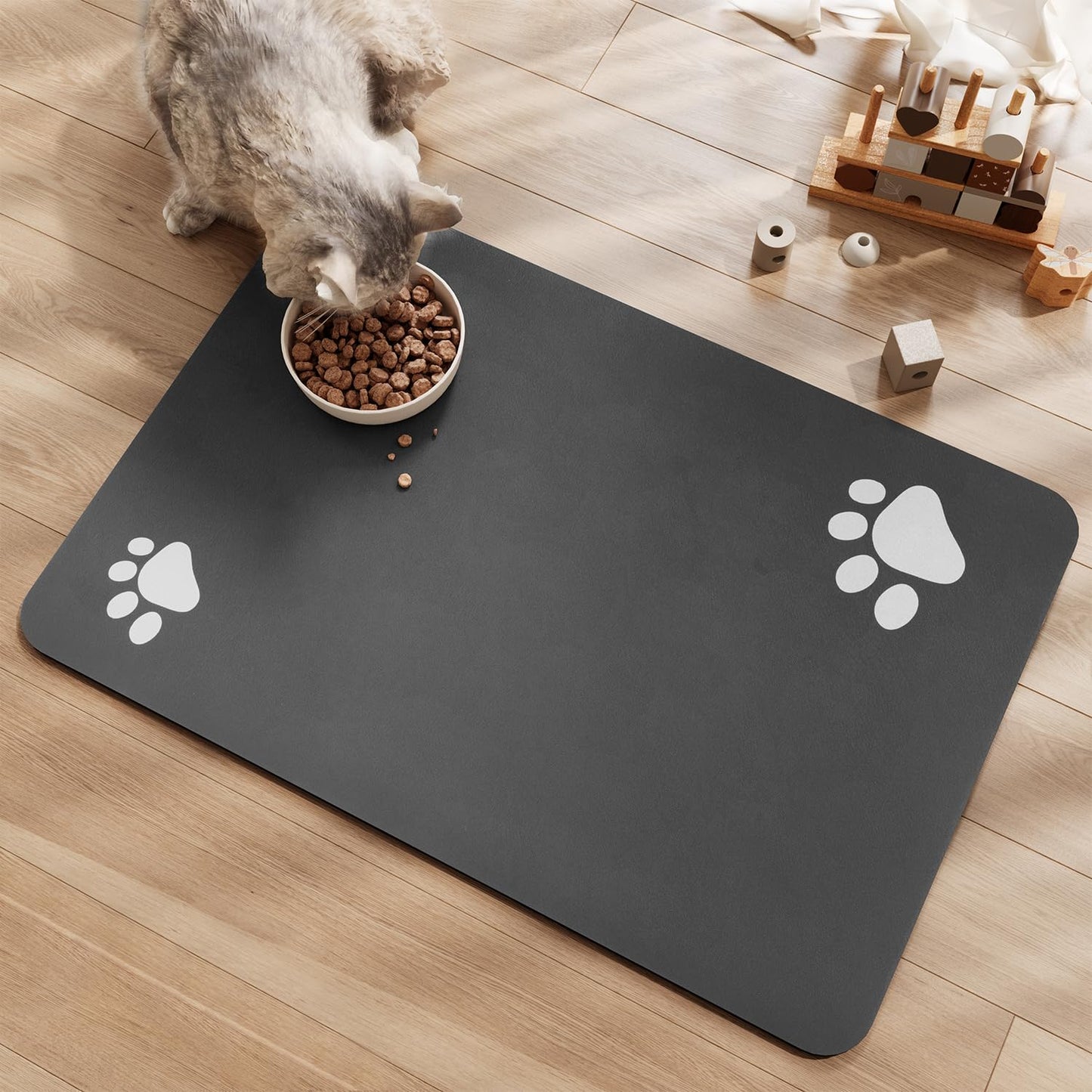 Dog Cat Food Mat Pet Bowl Mat Absorbent No Stains Quick Dry-Innovative Pet Supplies Dog Cat Accessories-Water Dispenser Mat for Messy Drinkers-Dark Grey with Paw Pattern 17"x34"