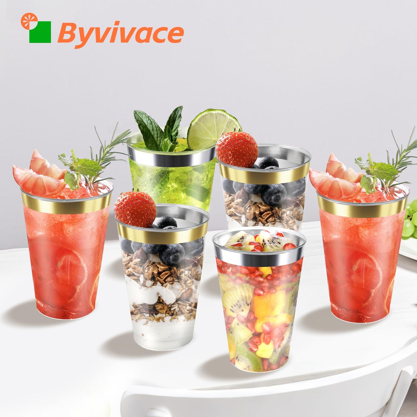 Byvivace [200 Pack 12oz Clear Plastic Cups with Silver Rimmed Sturdy & Food Safe Disposable Wine Glasses Party Cups Wedding Cups Disposable Drinking Cups for Wine, Juice, Cocktails and Cold Beverages