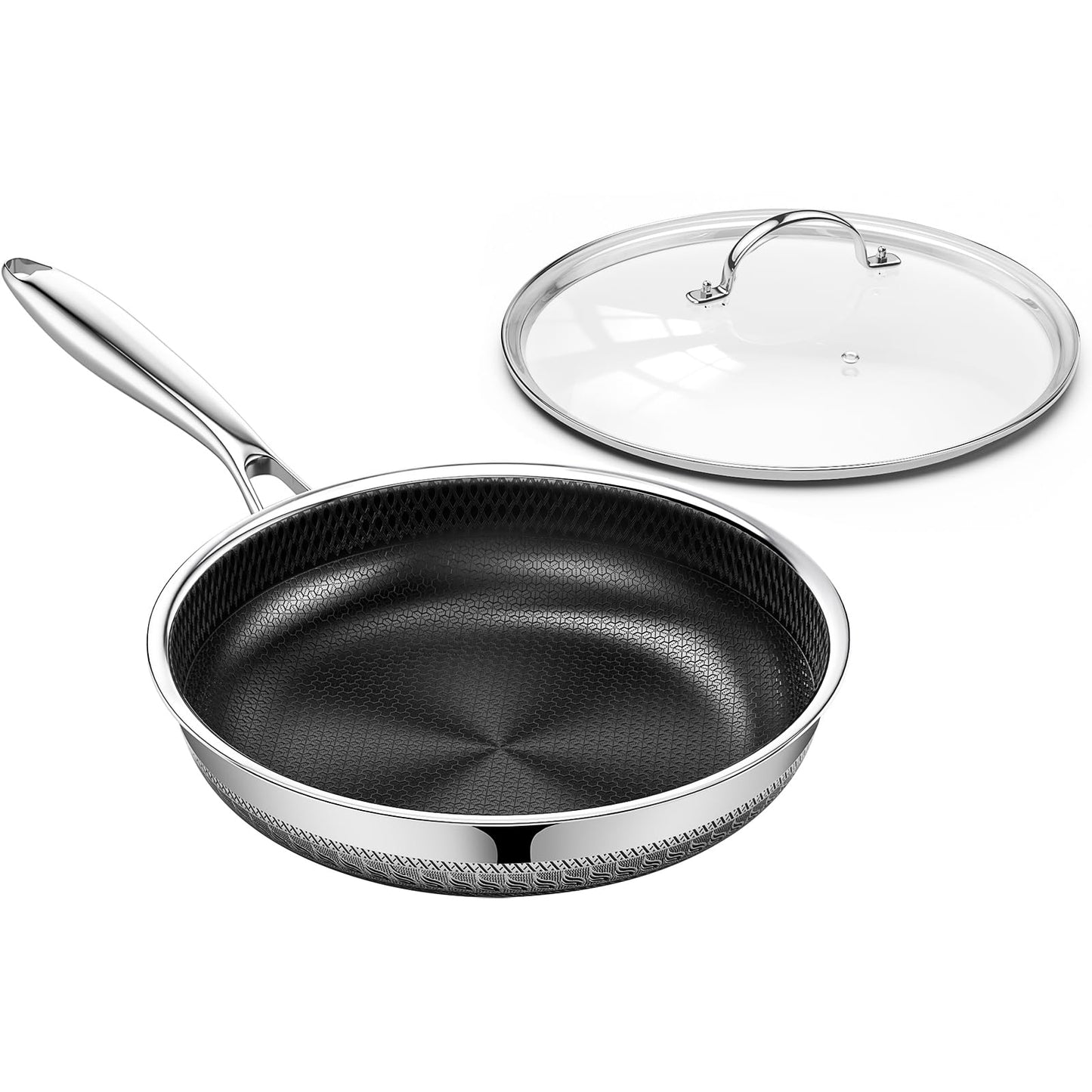 Non Stick Frying Pan with Lid, 10 Inch Hybrid Tri-Ply Stainless Steel Non Stick Skillet W/Lid Titanium Ceramic Nonstick Cookware No Toxic Induction Omelette Frying Pan, Oven Safe, PFAS/PFOA/PTFE Free