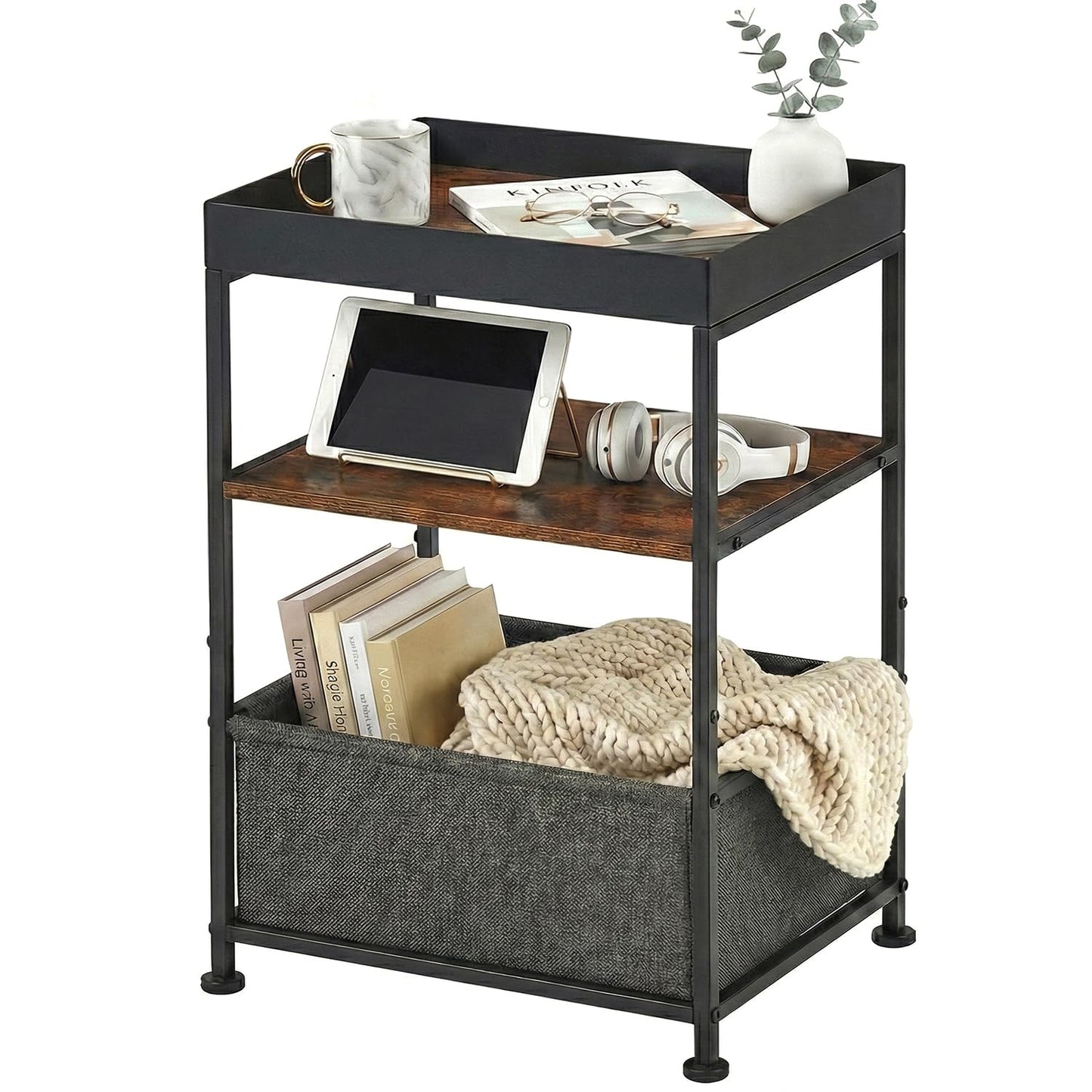 ZEXVIDA Industrial Narrow Side Table with Storage, 3 Tier End Table with Fabric Bin & Tray Top for Living Room, Narrow Nightstand Slim Bedside Table for Bedroom, Small Spaces, Rustic Brown