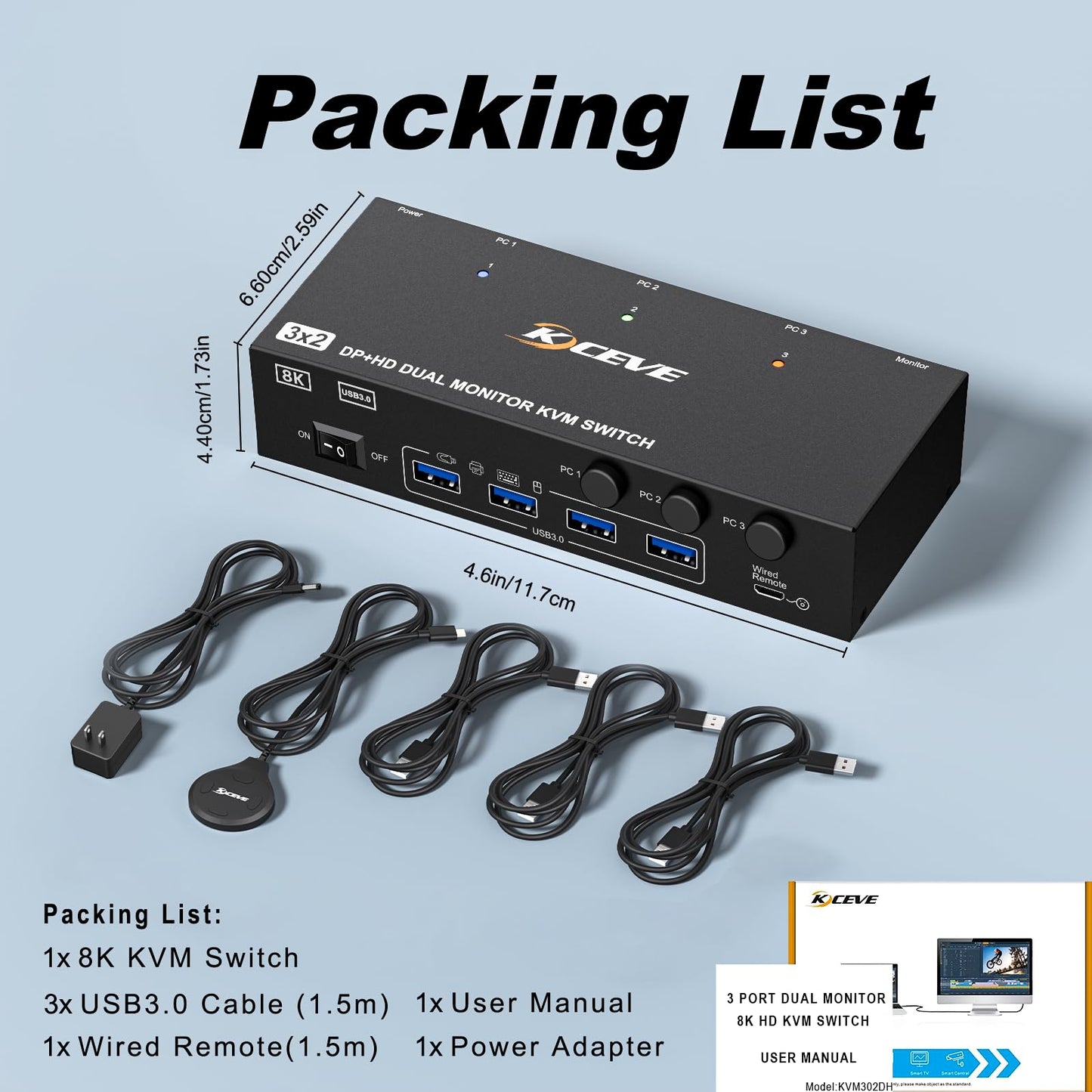 4K@144Hz KVM Switch 2 Monitors 3 Computers 8K@60Hz,Camgeet HDMI and Displayport Dual Monitor KVM Switch with 4 USB 3.0 Port for Keyboard Mouse Printer,Wired Remote,Power Adapter and USB Cable Included