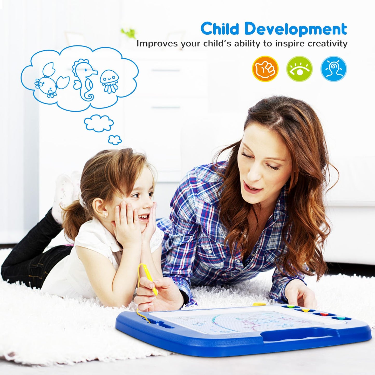 SGILE Large Magnetic Drawing Board, 16×13in Writing Painting Doodle Pad with 4 Stamps for Toddlers, Learning Educational Toy Etch Sketch Gift for 36+ Month Kids Girls Boys, Blue