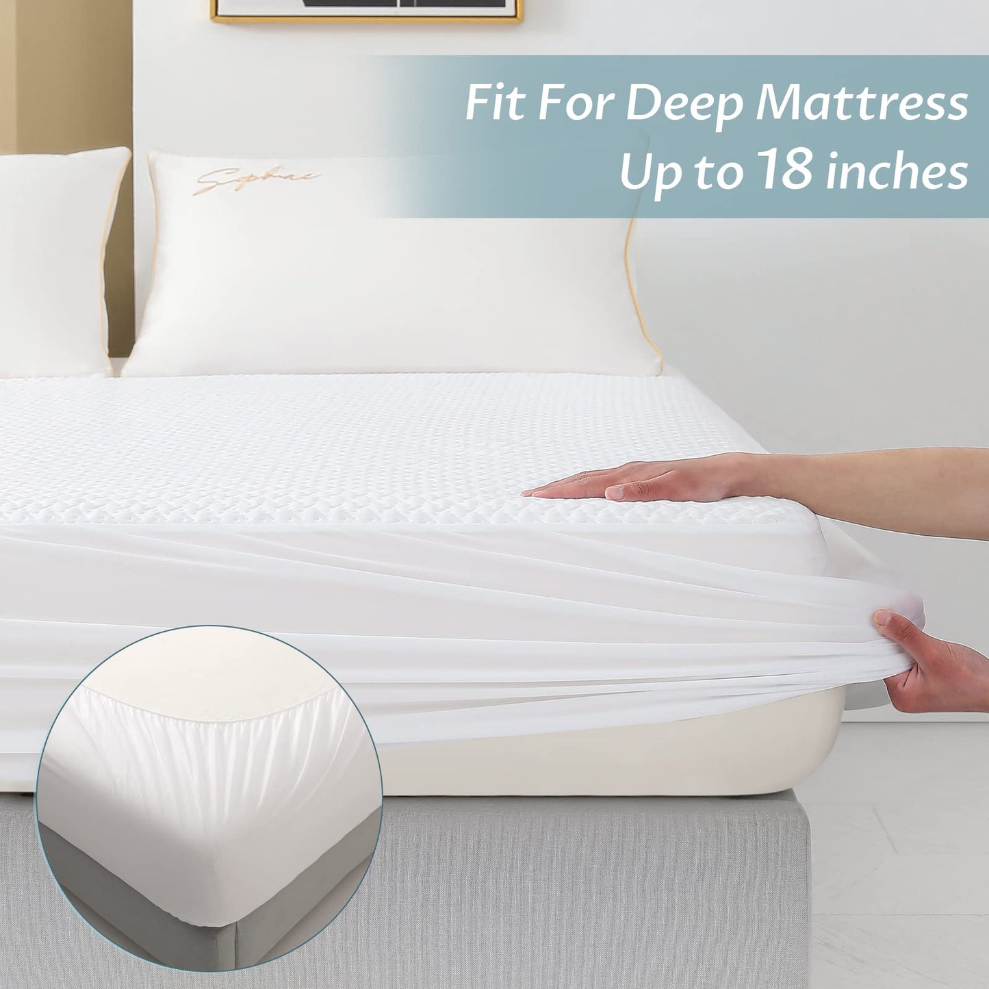 King Size Waterproof Mattress Protector, Breathable 3D Cooling Mattress Pad Fits 18" Deep Pocket, Noiseless Mattress Cover White
