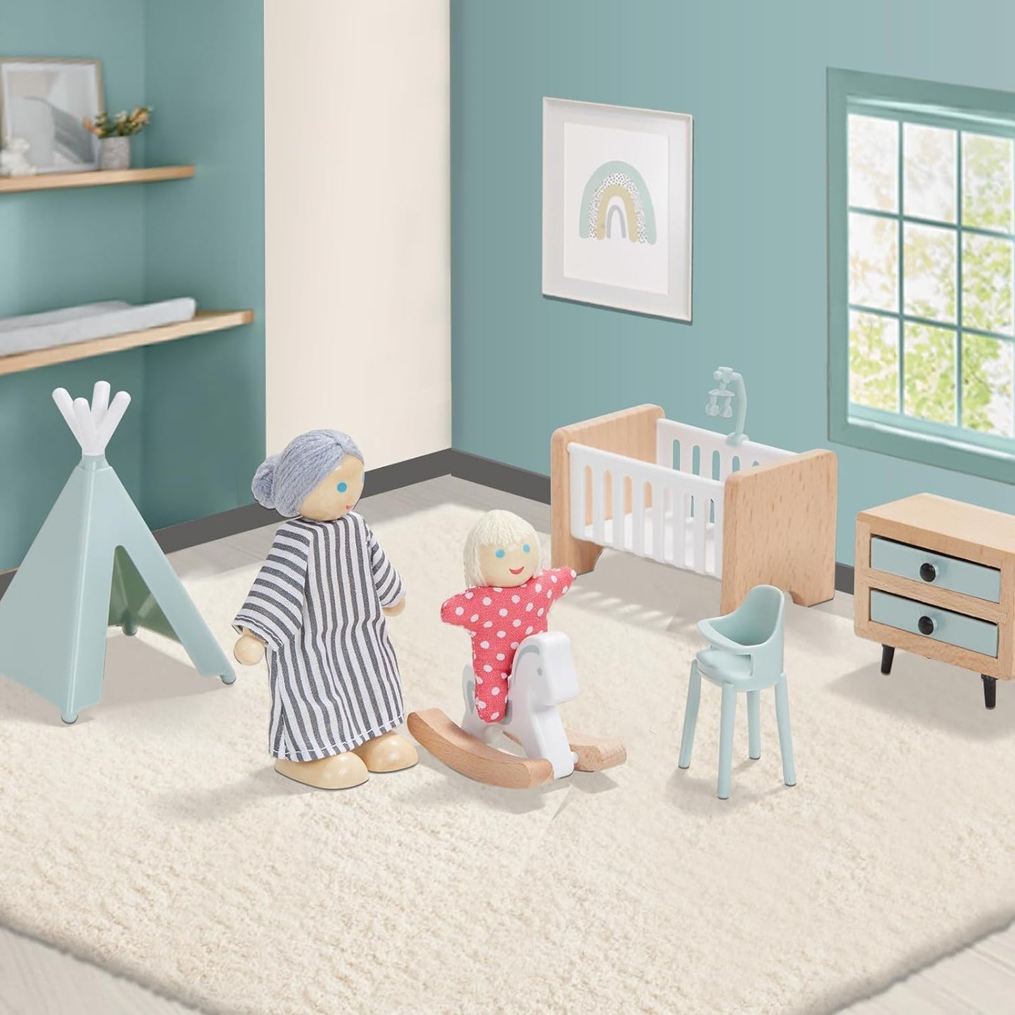 Giant bean 36pcs Wooden Plastic Dollhouse Furniture 5 Set with 4 Family Dolls, Blue Dollhouse Accessories Pretend Play Furniture Toys for Boys Girls & Toddlers 3Y+, Christmas Birthday Gift for Kids