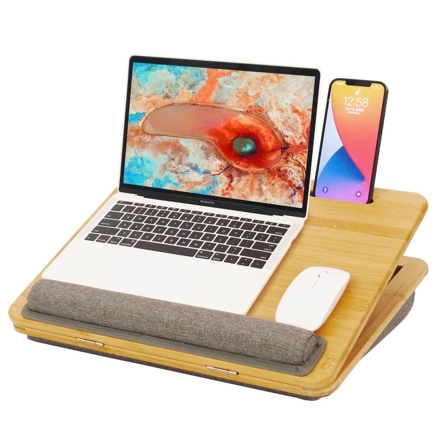 Lap Desk Laptop Tray with Cushion Portable Bed Tray Desk, Ergonomic Design Adjustable Angle Lap Desk with Tablet Phone Holder, for Home Office, Sofa, Bed, Couch and car. Bamboo Cushioned Laptop Tray