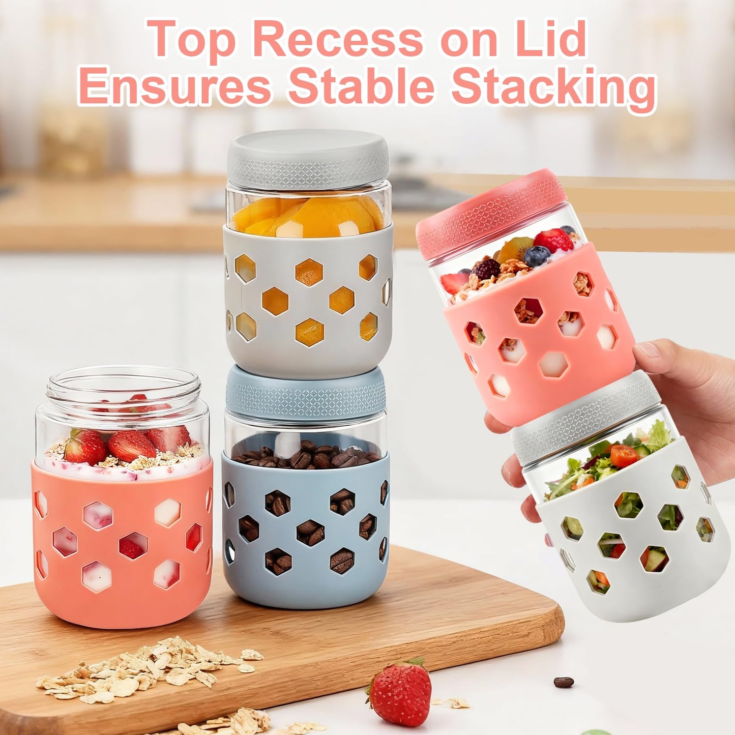 Overnight Oats Jar with Silicone Sleeves,6-Pack 16OZ Glass Jar,Airtight BPA-Free Overnight Oats Containers with Lids, Mason jars Meal Prep Jars for Chia Pudding, Yogurt, Snacks,Leak-Proof(500 ml)