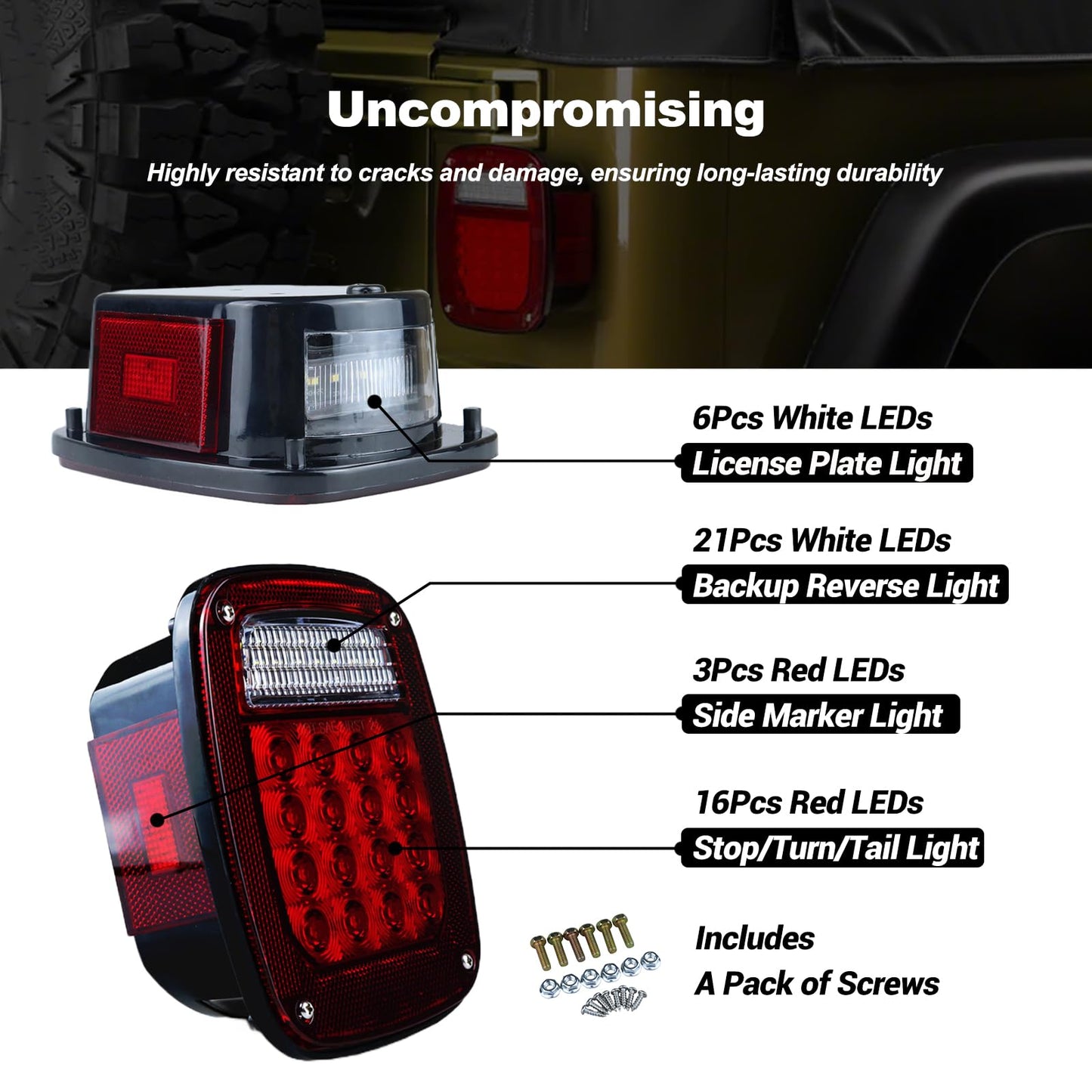 Replacement for 1979-2006 Wrangler TJ YJ CJ5 CJ7 Red Square Rear Combination Tail Lamps with Passenger and Driver Side Marker Stop Turn Signal Brake Lights DOT Certified, 2Pcs