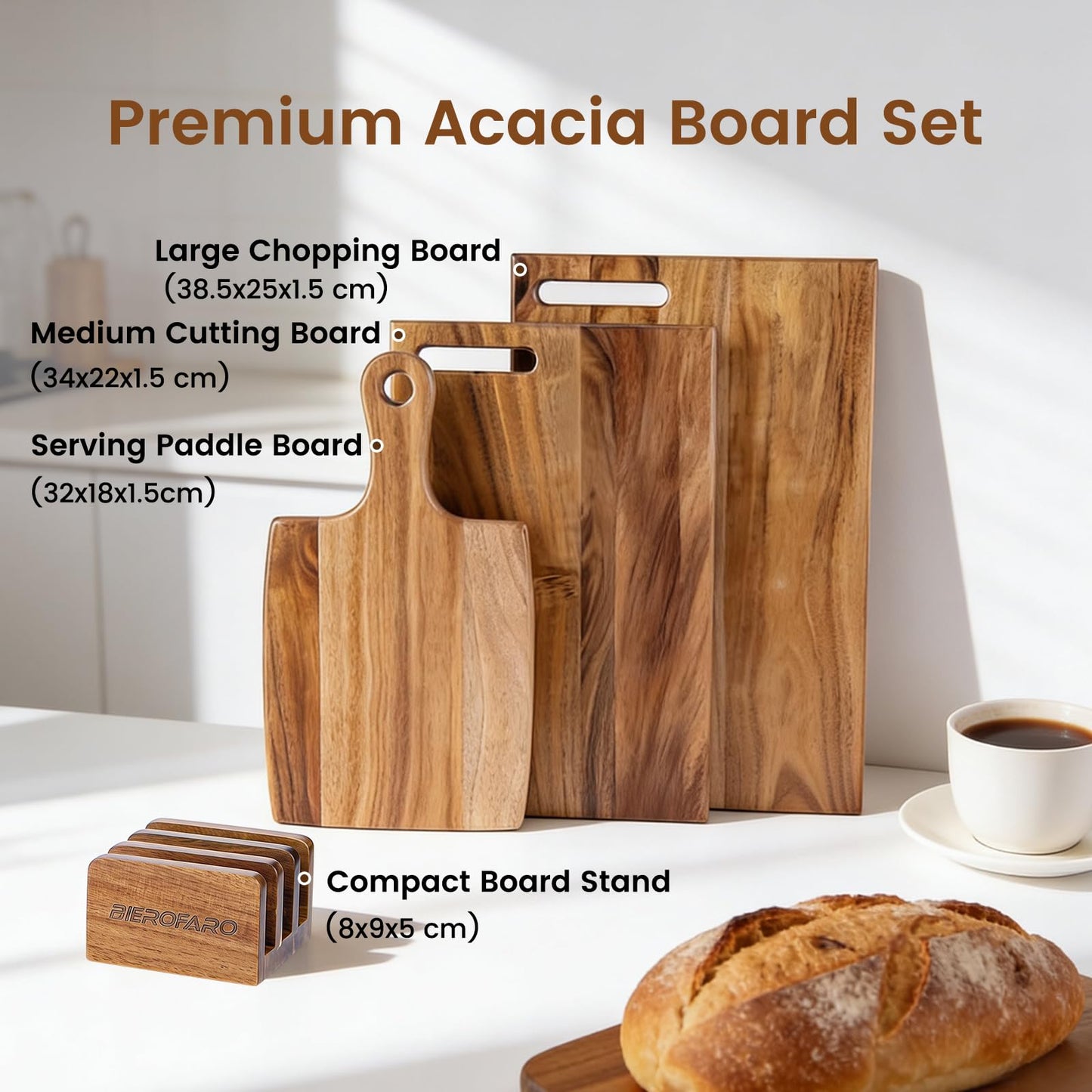 Acacia Wood Cutting Board Set of 3 with Holder, Wooden Cutting Boards for Kitchen, Chopping Board Set with Handle for Meat, Bread, Cheese & Serving, Charcuterie Boards