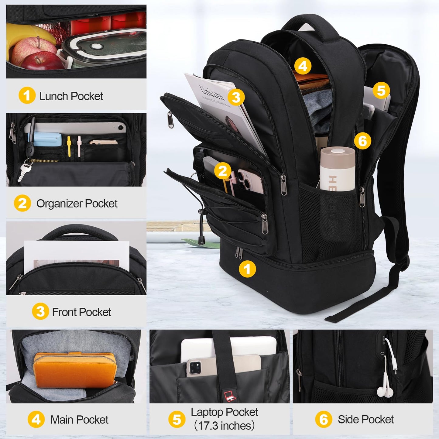 SDYSM Lunch Backpack for Men, 17.3 Inch Laptop Backpack with Charging Port & Earphone Hole Travel Work Backpack with Insulated Lunch Bag Waterproof Computer Backpack for College School Business, Black