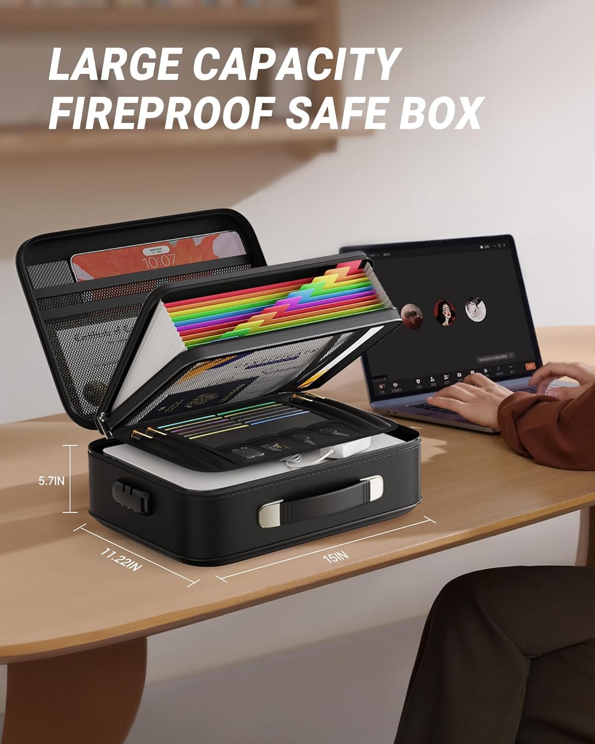 Oterri Fireproof Document Box, Hard Case Safe Box with Lock, Upgraded 8 Layers Large File Organizer, Water Resistant Safe for Important Documents, Certificates, Laptop, Passports - File Box in Black