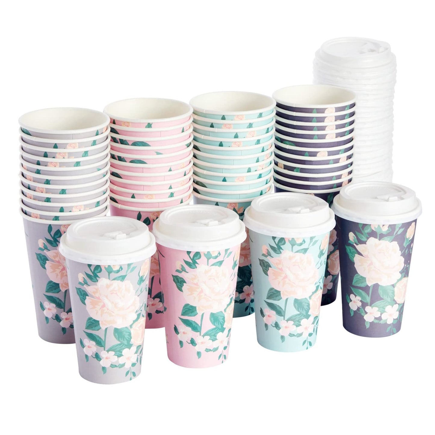 48-Pack Disposable Floral Paper Coffee Cups with Lids 16 oz, to Go Coffee Cups for Flower-Themed Birthday Party Supplies, Wedding Reception, Baby Shower (4 Pastel Colors)