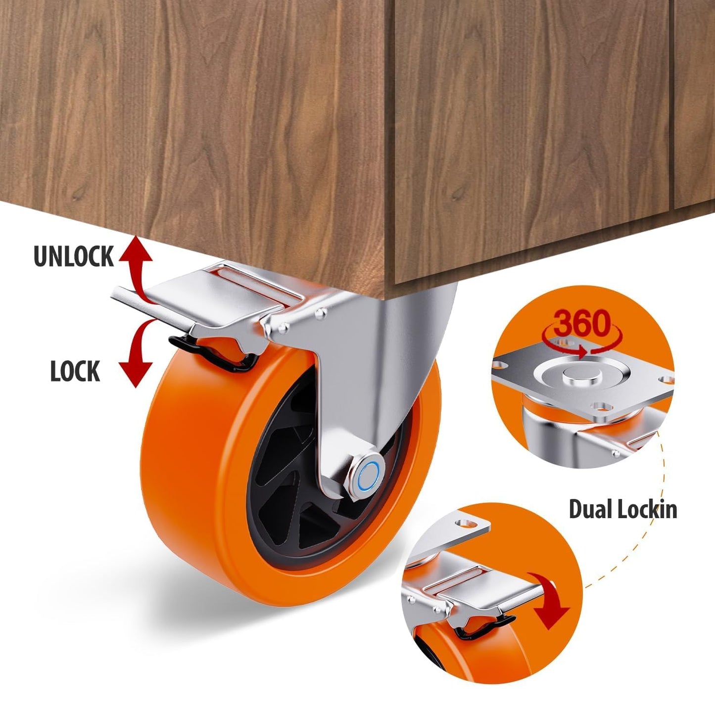 5 Inch Swivel Caster Wheels Set of 4, Heavy Duty Casters with Brake - Load 1800lbs, Polyurethane Locking Casters for Cart, Furniture, Workbench