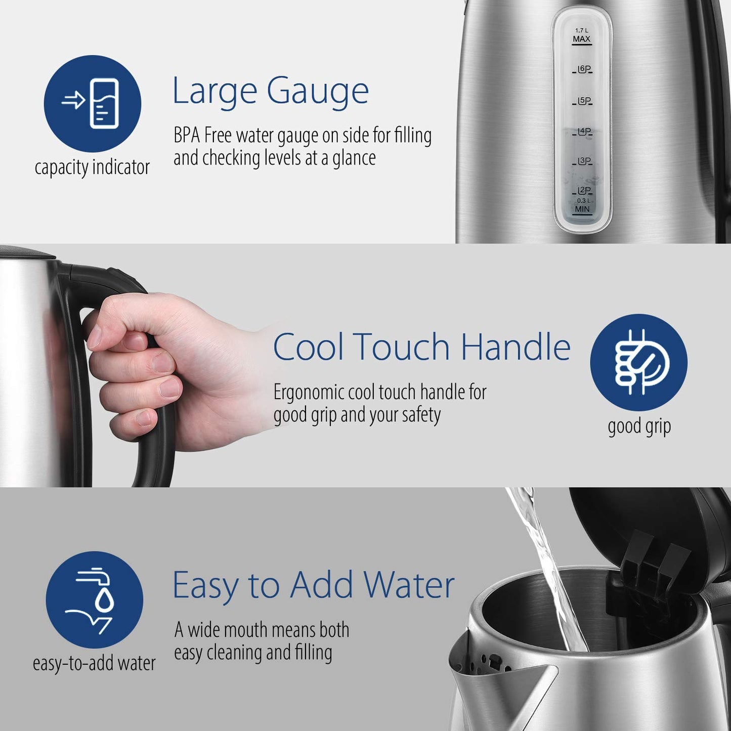 COMFEE' Stainless Steel Electric Kettle, 1.7L Tea Kettle Electric for Boiling Water, Hot Water Kettle 1500W Fast Boil with LED Light, Auto Shut-Off and Boil-Dry Protection