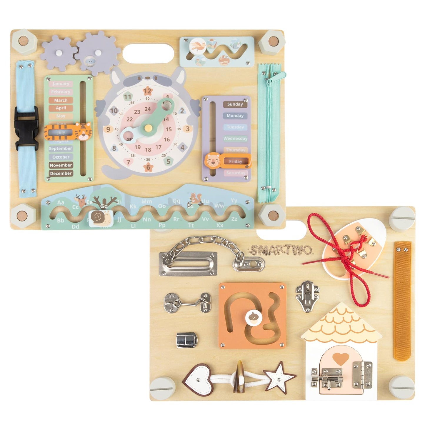 Smartwo Double-Sided Montessori Busy Board for Toddlers Sensory Activities, Educational Learning Toy Wooden for Kids Aging 3 to 5 Years Old, Ideal Choice for Baby Girls Boys Gift (Safari Theme)