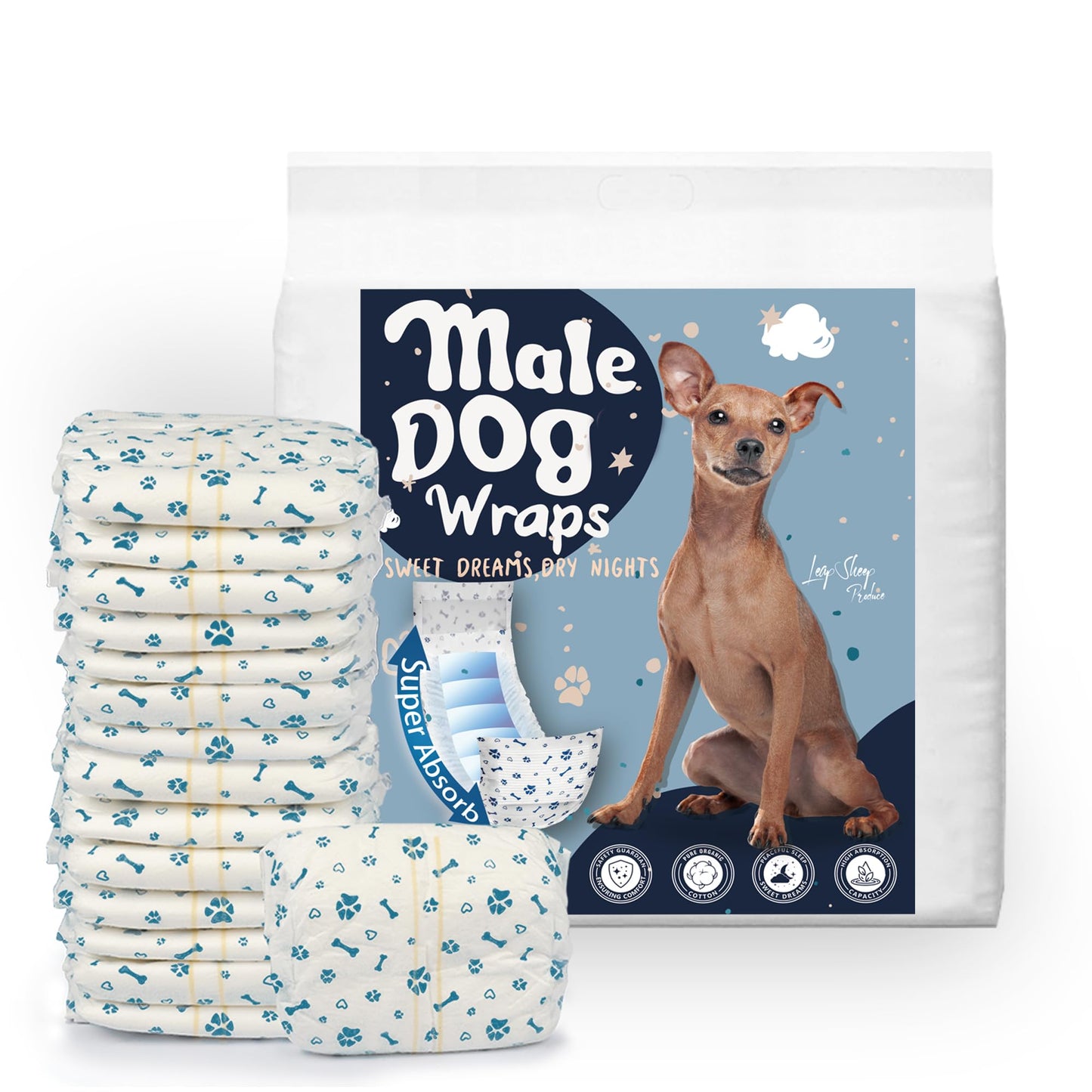 LeapSheep Disposable Male Dog Wraps, Super Absorbent Dog Diapers Male, Doggie Diapers for Puppy Training, Excitable Urination, Incontinence (Small, 50ct)