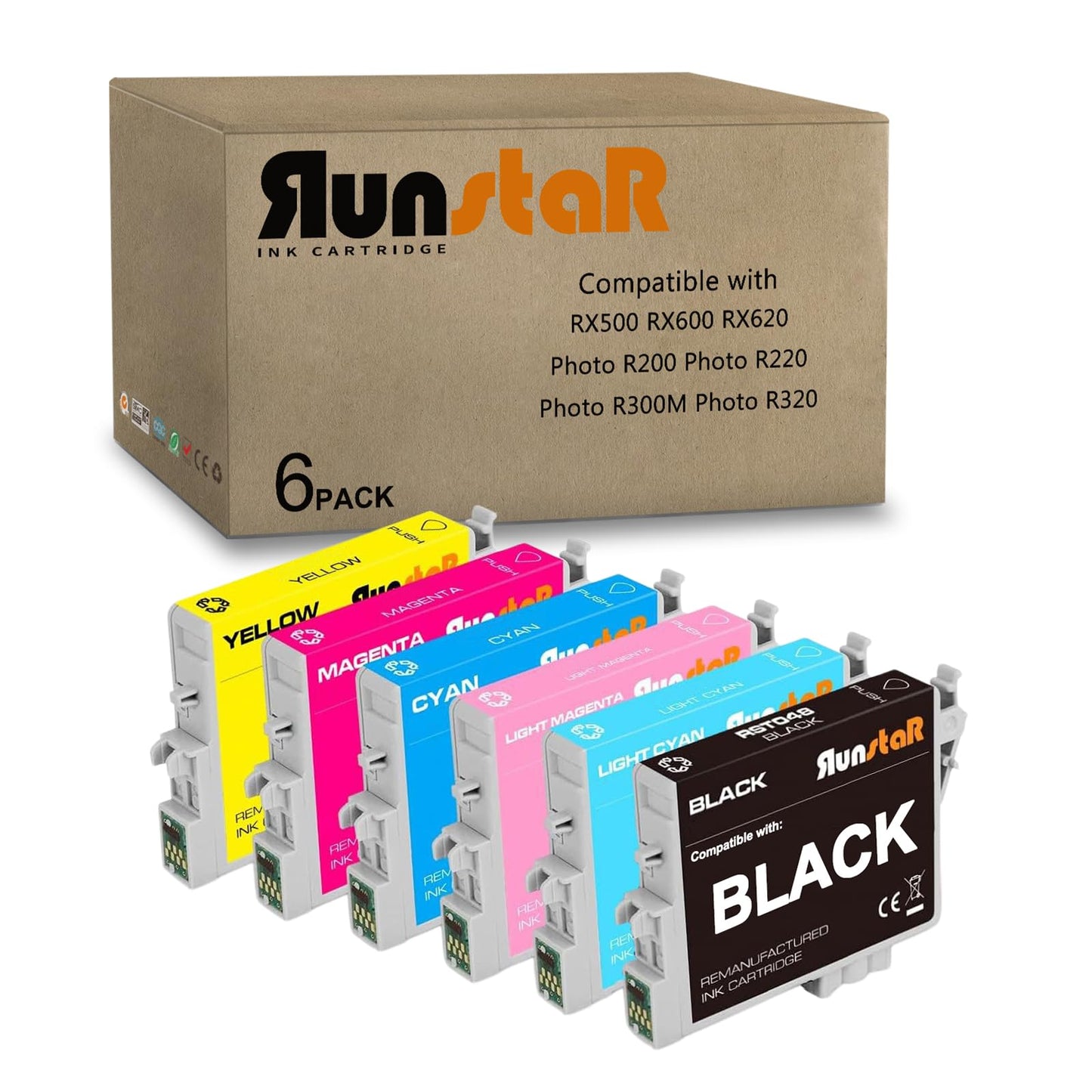 Run Star 6 Pack T048 Remanufactured Ink Cartridge Replacement for Epson 48 T048 use for Epson Stylus Photo R200 R220 R300 R300M R320 R340 RX500 RX600 RX620 Printer (BK/C/M/Y/LC/LM)