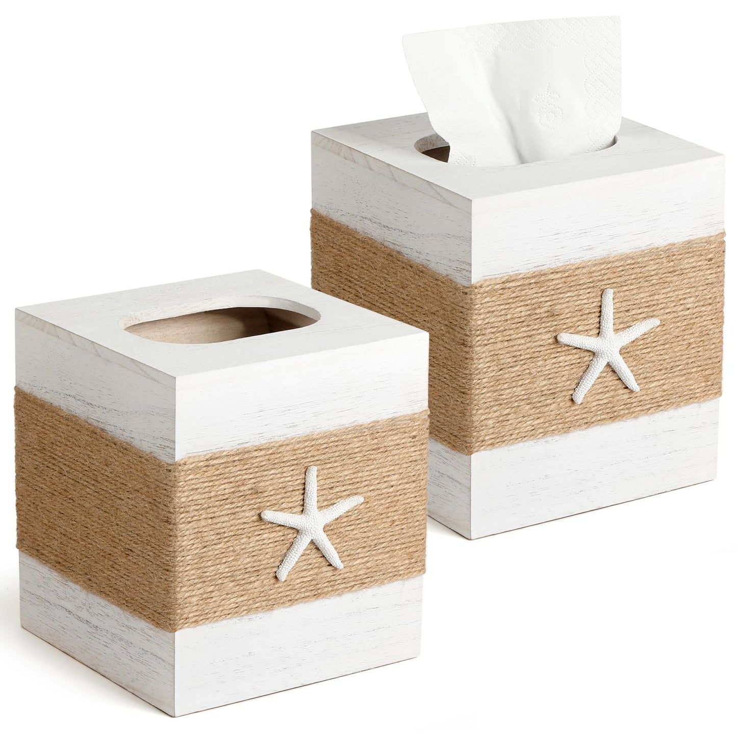 2 Pack Beach Rustic White Wood Square Tissue Box Cover with Slide-Out Bottom Panel - Beach Bathroom Decor Tissue Box Holder with Starfish for Living Room, Desk, Bedroom, Bathroom