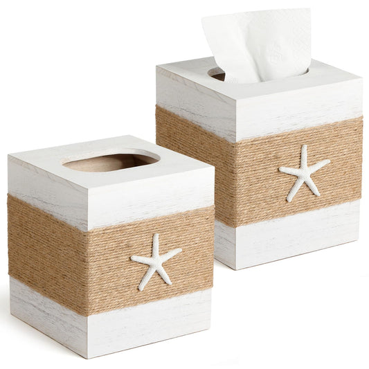 2 Pack Beach Rustic White Wood Square Tissue Box Cover with Slide-Out Bottom Panel - Beach Bathroom Decor Tissue Box Holder with Starfish for Living Room, Desk, Bedroom, Bathroom