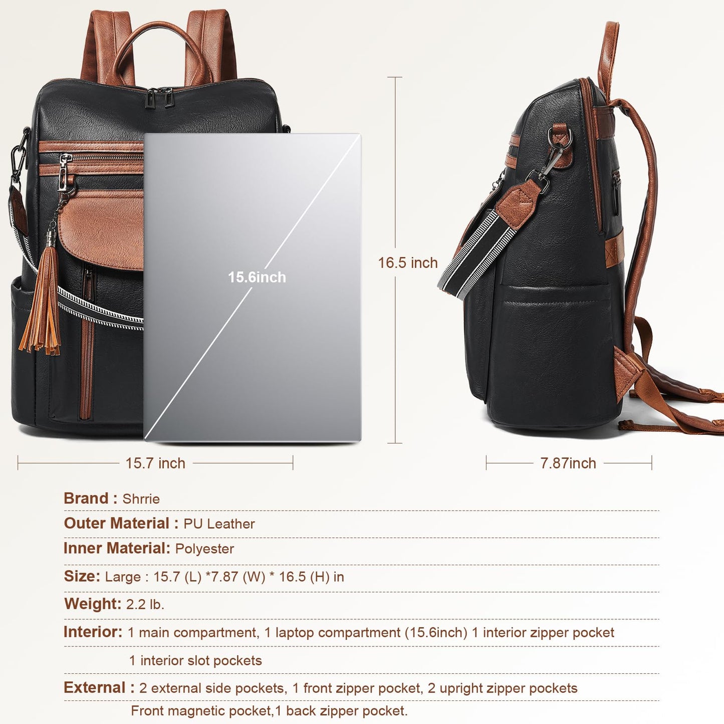 Shrrie Large Leather Backpack for Women 15.6 inch Laptop Backpack Travel Work Backpack Purse for Business College