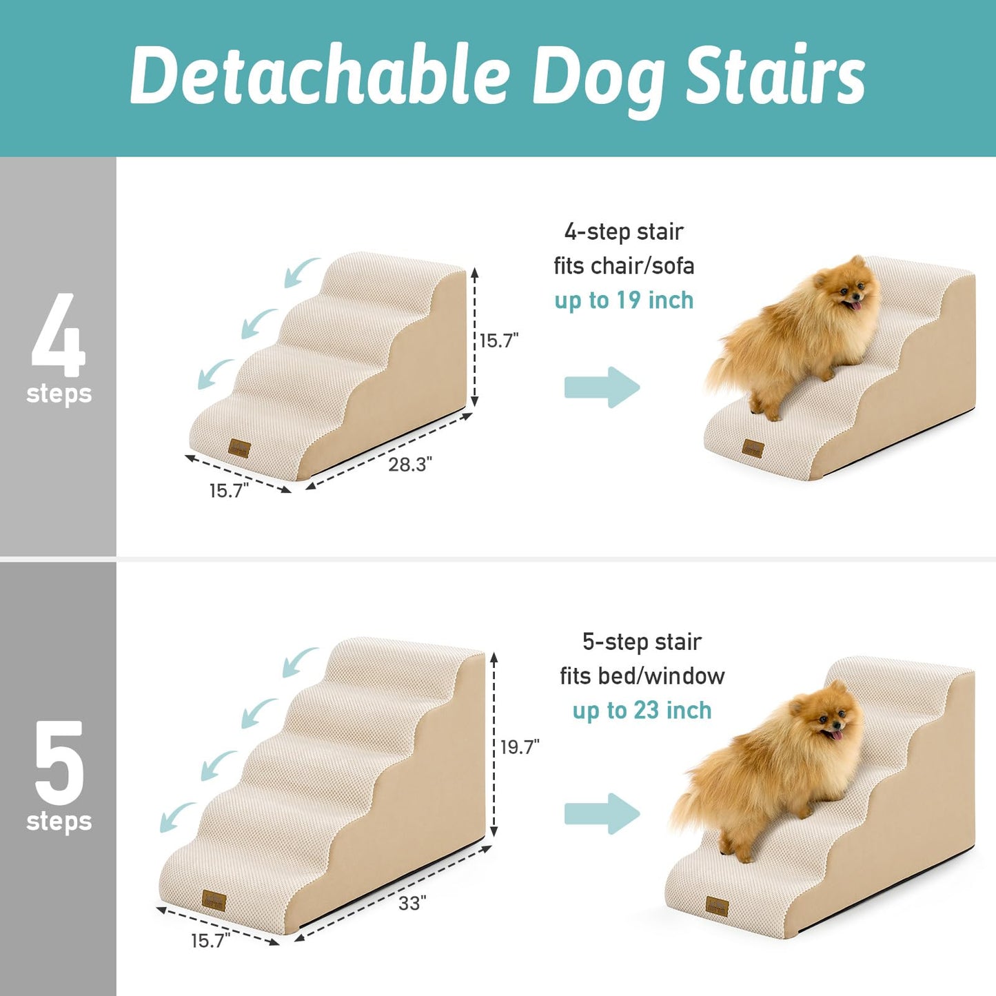 COZY KISS Dog Stairs for Small Dogs 15.7" H, 4-Step Slope Dog Ramp for Bed, Couch or Chair, Sturdy Pet Stairs for Puppy, Older Cat, Cat Stairs with High Density Foam, 15.7x28.3x15.7 inch, Beige