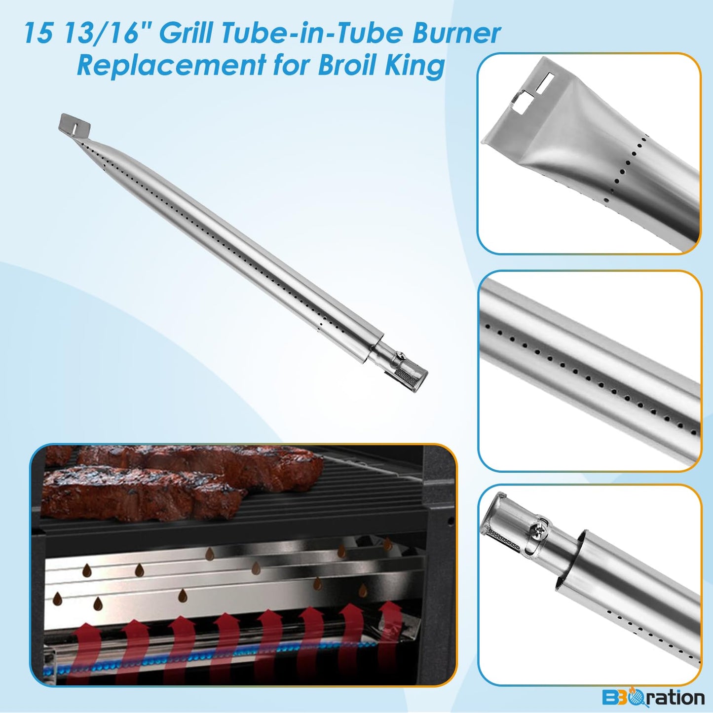 BBQration 15 13/16" Grill Tube-in-Tube Burner Replacement for Broil King 9615-54 9615-57 9615-64 Baron 320 Baron 340 Baron 420, Grill Parts for Broil King BBQ Parts